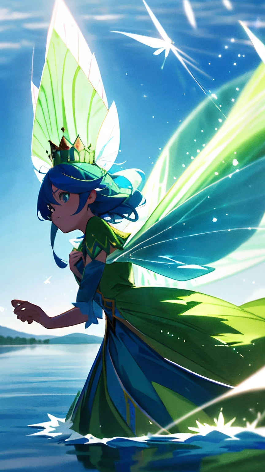 On a huge lake，A fairy floats in the air in a gorgeous green dress，A blue crown is worn on his head，Her expression was calm，mistic，Hair fluttering around，There are also blue magic particles around