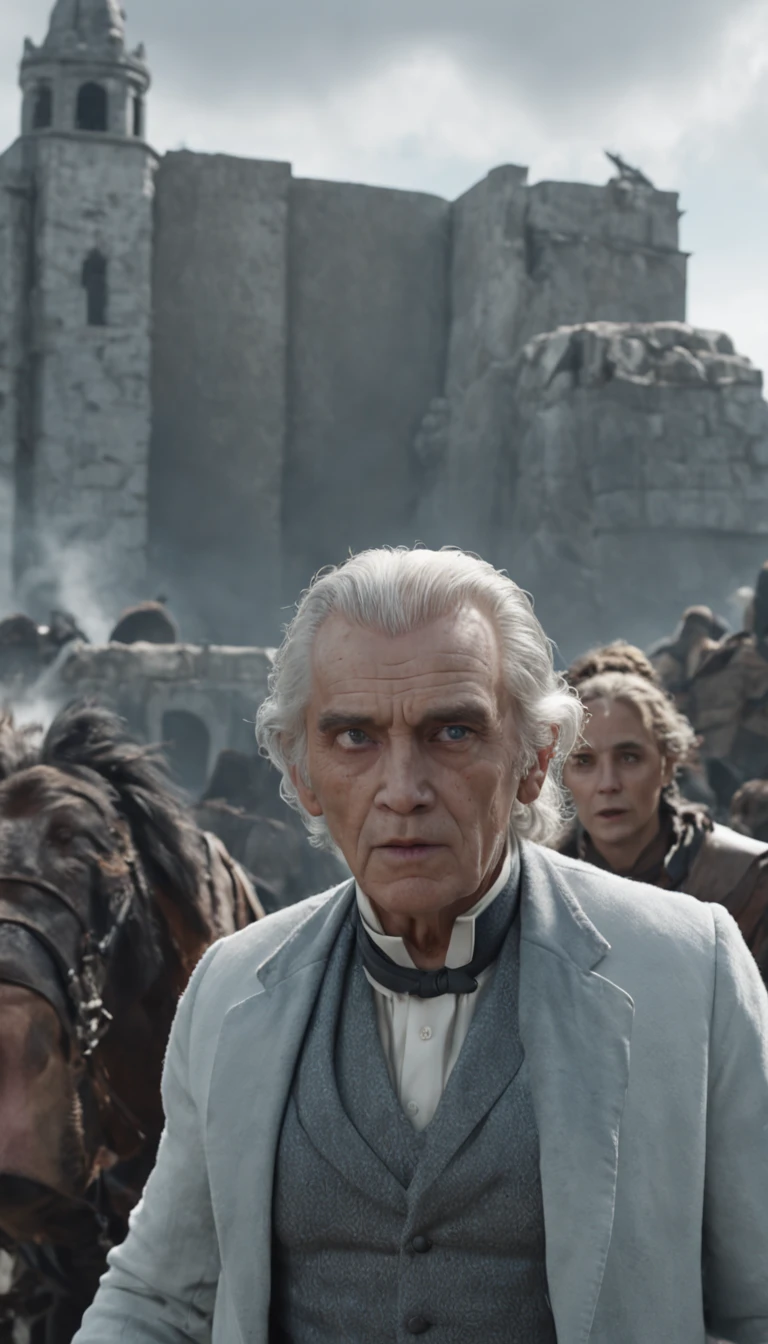 Um cartaz de filme, um personagem azul aginst um cinza lutando pela alma, behind them seven white characters, in the background two large buildings similar among them a sea, master part, 3 pessoas sagacidade no rosto fora de uma pedra escura ho, Full HD, dynamic lighting, ultra alto detalhe, dramatic lighting, movie poster style, asymmetric composition, ultra detalhado, fotorrealista, Motor irreal