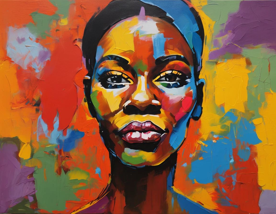 Black Women's Face Painting, AfrO - Brazilian ethnicity, On a colorful background, Abstract face, abstract portrait, Stylized face, Pop Art Painting, Expressive detail face, expressive feminine face, Inspired by Picasso, Pop Art Painting, Beautiful expressive paintings, Detailed face of Afro-Brazilian caste woman, Detailed expression, Picasso style, Cubist style
