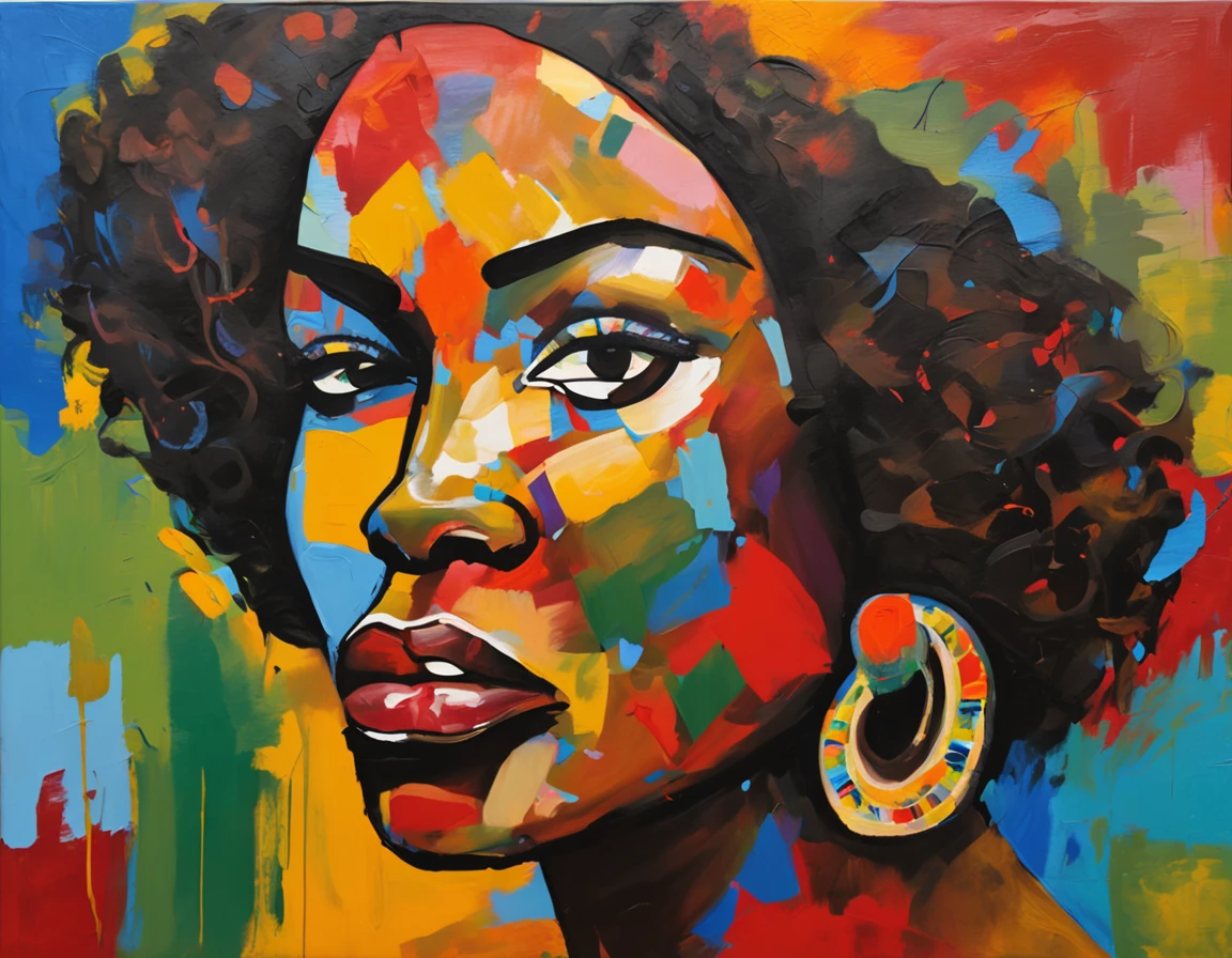 Black Women's Face Painting, AfrO - Brazilian ethnicity, On a colorful background, Abstract face, abstract portrait, Stylized face, Pop Art Painting, Expressive detail face, expressive feminine face, Inspired by Picasso, Pop Art Painting, Beautiful expressive paintings, Detailed face of Afro-Brazilian caste woman, Detailed expression, Picasso style, Cubist style