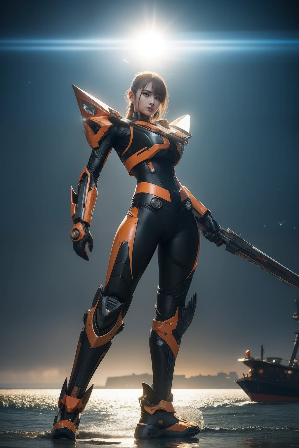 From the movie New Century Evangelion,orange theme,Best quality,Masterpiece,Realistic,professional,Vivid colors,Ultra-fine painting,Portrait,anime big breast,Photogram,number art,Fantasyart,3d graphic,Cinematic_lighting,Strong_rim_Light,rim-light,Ambient_Light,Tyndall effect,moodylighting,Huge_filesize,Real,female pervert,Mecha musume,Cyborg,Tights combat suit,Power armor,Cut clothes,Japanese_Armor,
A steampunk-inspired, futuristic battle-ready jetski skims across the water with a fierce presence. Intricate gears and brass fittings adorn its hull, showcasing the perfect blend of advanced technology and Victorian aesthetics. This realistic masterpiece glistens under the sun, ready for action.