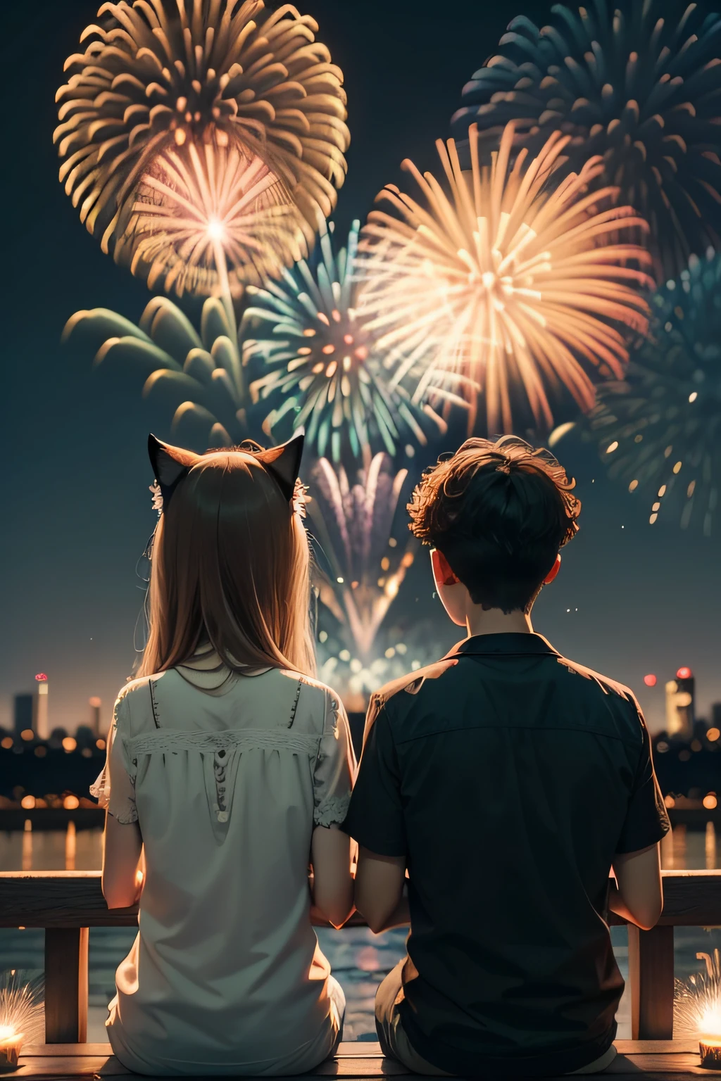 a couple cat see firework