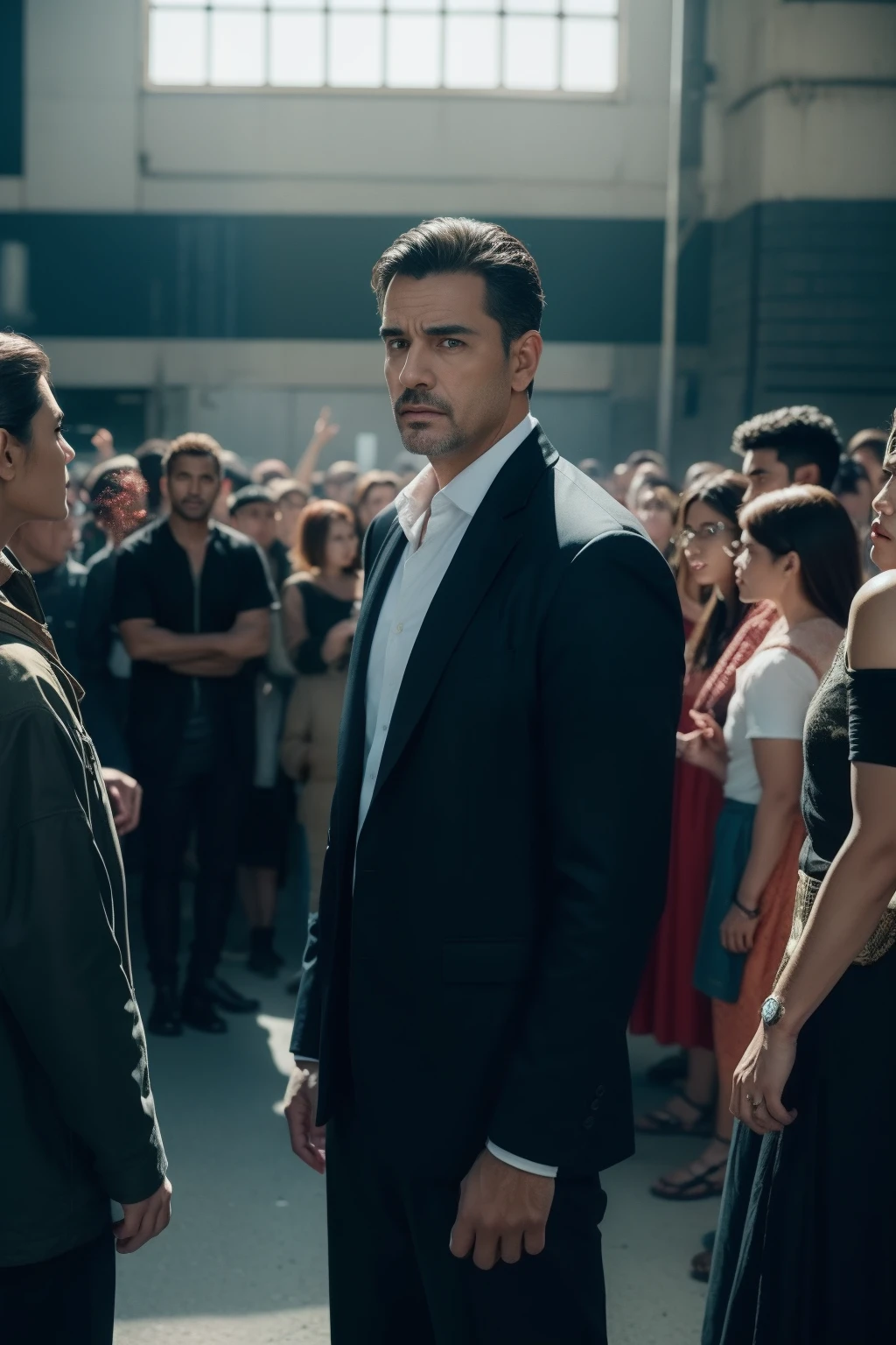 a man standing in front of a crowd of people, Afterlife, Depois da vida, anti vida, Arcane TV series style, Afinal de contas, depois de uma batalha, style arcane tv series, estilo de carbono alterado, resultado, after effects, filme live action, Alfred and the afterlife, A vida depois da peste, series on netflix, filme live action