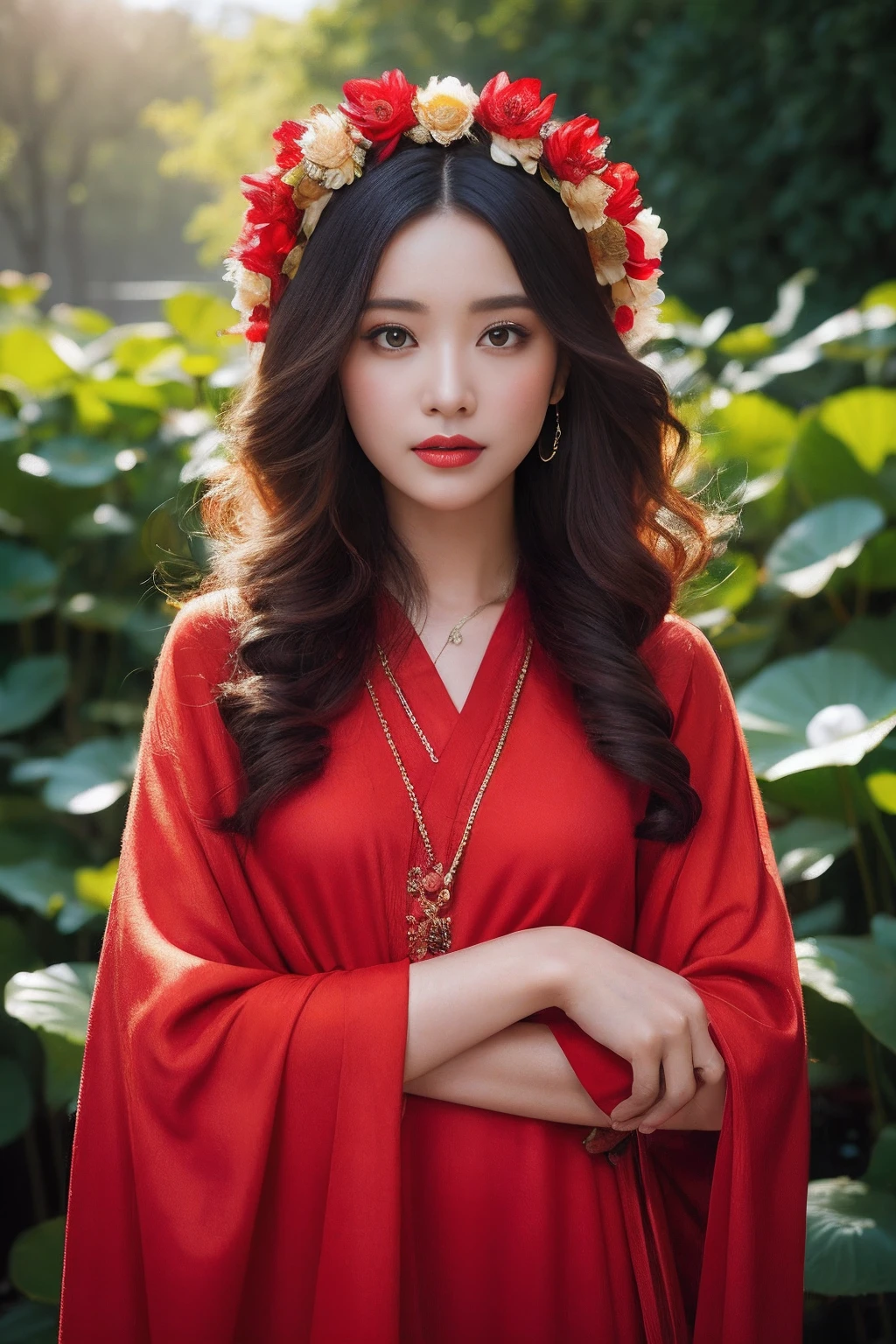 32K(tmasterpiece,k hd,hyper HD,32K)Flowy large curly hair,Flowing rouge,ponds,zydink, a color, Asian people (Silly girl), (Silk scarf), Combat posture, looking at the ground, Large rolls of rouge, Flowing rouge curls, Crocodile skin skull headdress, Chinese long-sleeved clothing, (abstract ink splash:1.2), Pink lotus background,Water lily flower protector(realisticlying:1.4),Rouge hair,Autumn is in full swing,The background is pure, A high resolution, the detail, RAW photogr, Sharp Re, Nikon D850 Film Stock Photo by Jefferies Lee 4 Kodak Portra 400 Camera F1.6 shots, Rich colors, ultra-realistic vivid textures, Dramatic lighting, Unreal Engine Art Station Trend, cinestir 800,Large curls,Flowing rouge