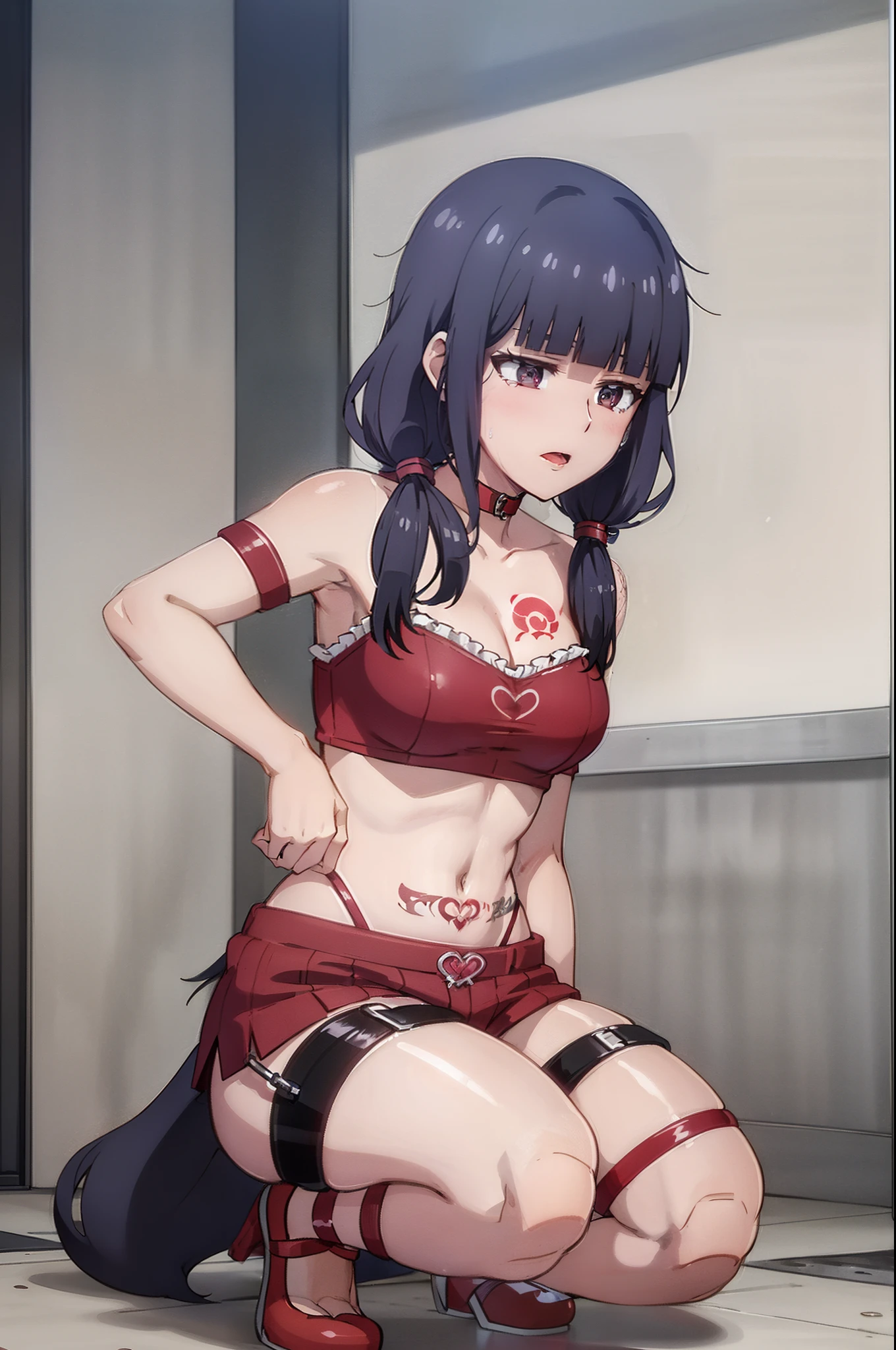 masterpiece, top quality, 1girl, (young woman), solo, purple twintails, big, thighs, dog ears, red collar, chain leash, red bra, red pants, fluffy tail, red garter, black fishnet stockings, thigh straps, (tattoo of a red and very large heart under the navel), crying, sweating a lot, wet all over the body, (red cheeks), Looking up, mouth wide open and tongue sticking out, (squatting on the floor), knees open from side to side (open legs), tail wagging, yellow puddle at feet, ((dirty toilet))