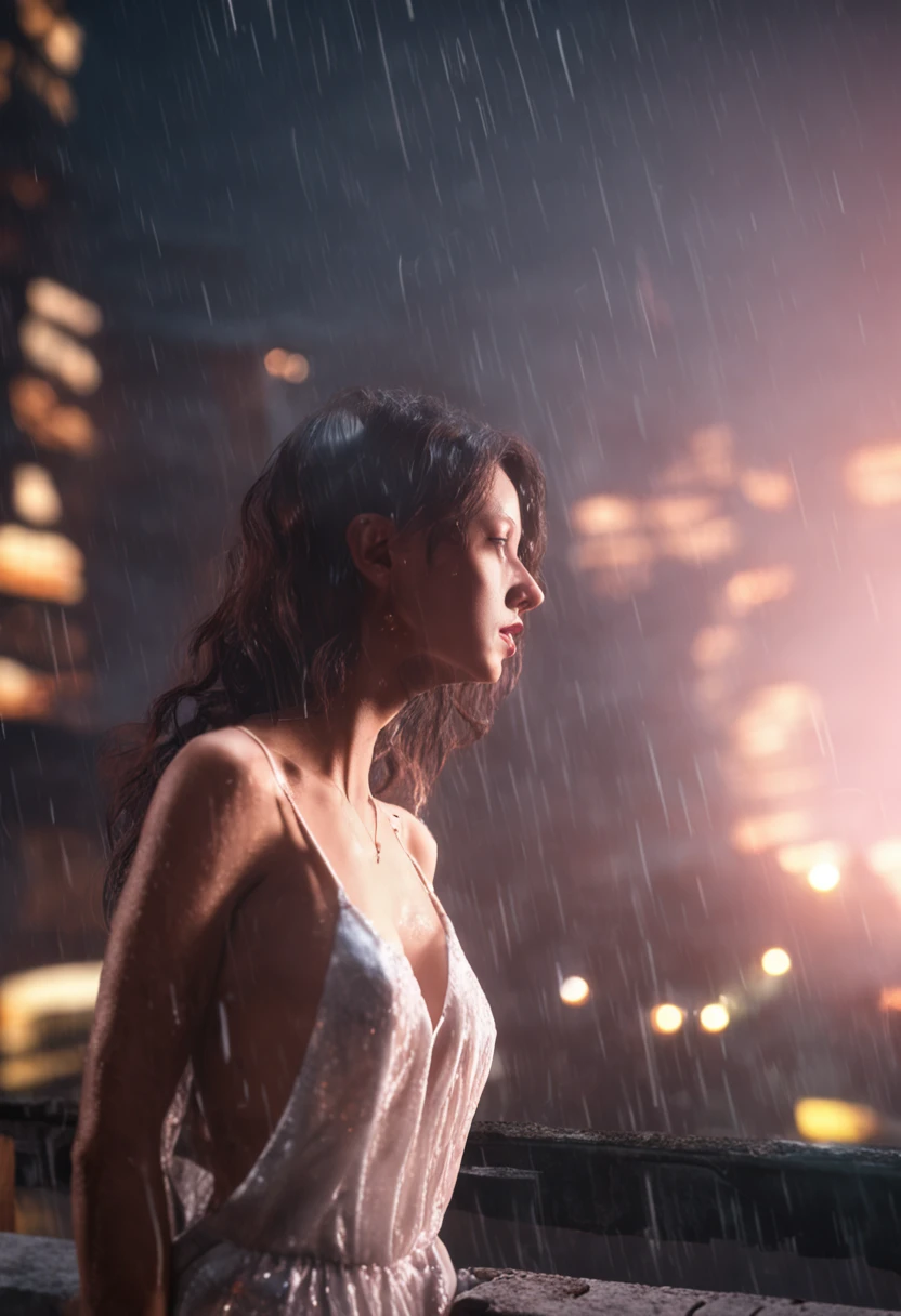 (8k, RAW photo, best quality, masterpiece:1.2), (realistic, photo-realistic:1.37),1girl,cityscape, night, wet, professional lighting, photon mapping, radiosity, Korean Doll,torn , large breasts, white dress