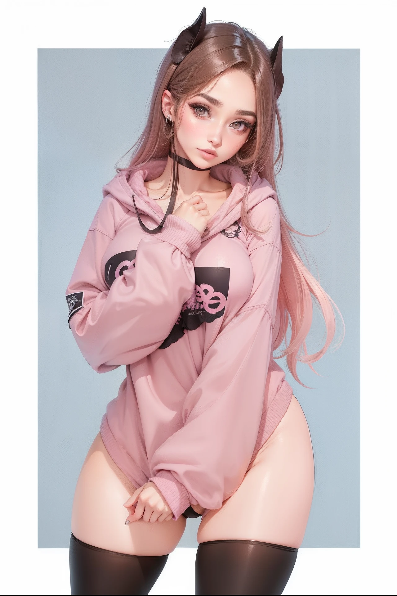 Mulher realista, moletom rosa, Black pantyhose, olhos castanhos,cabelo castanho com rosa,chifres pretos