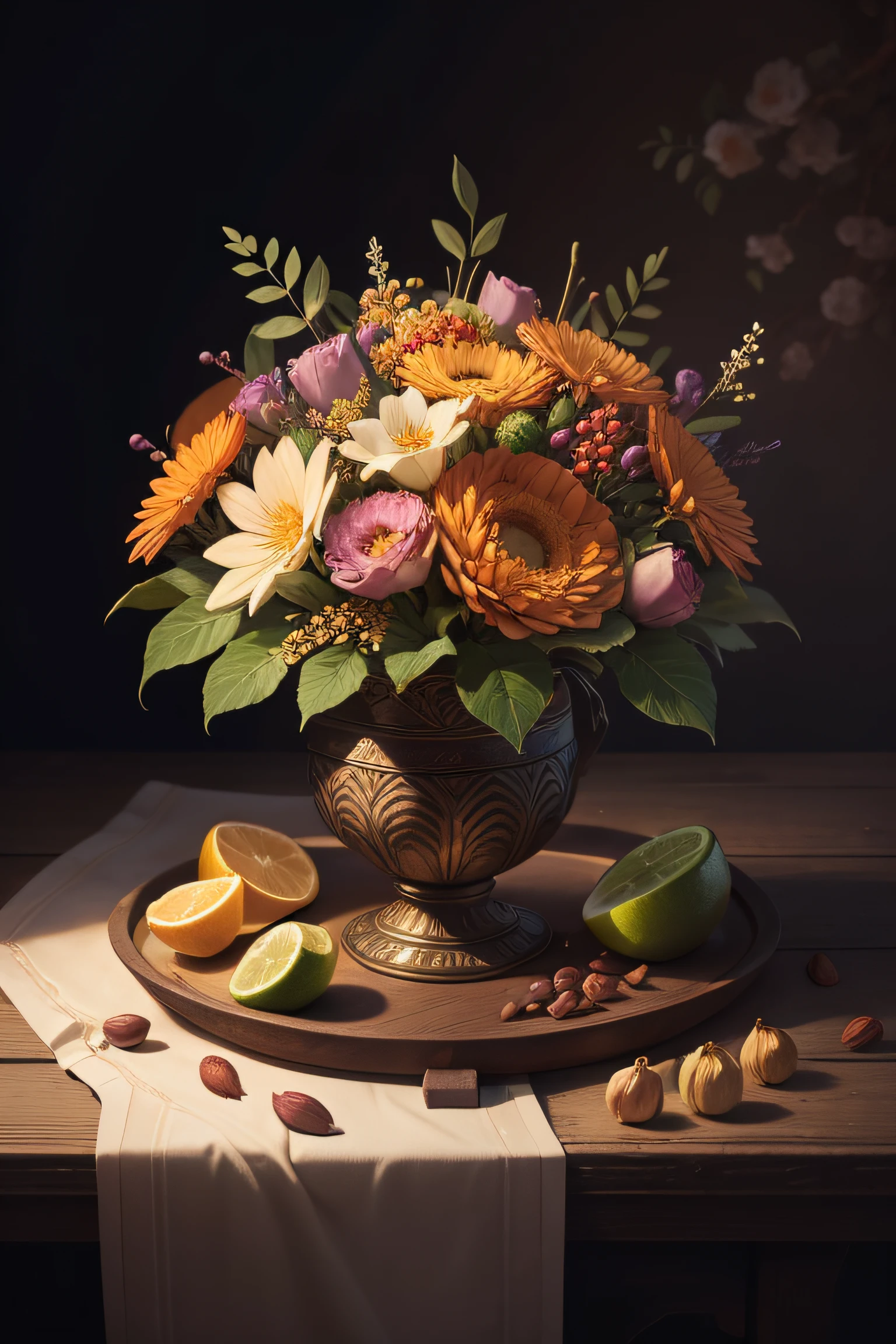 fantasy still life containing sutumn flowers, fruits, nuts