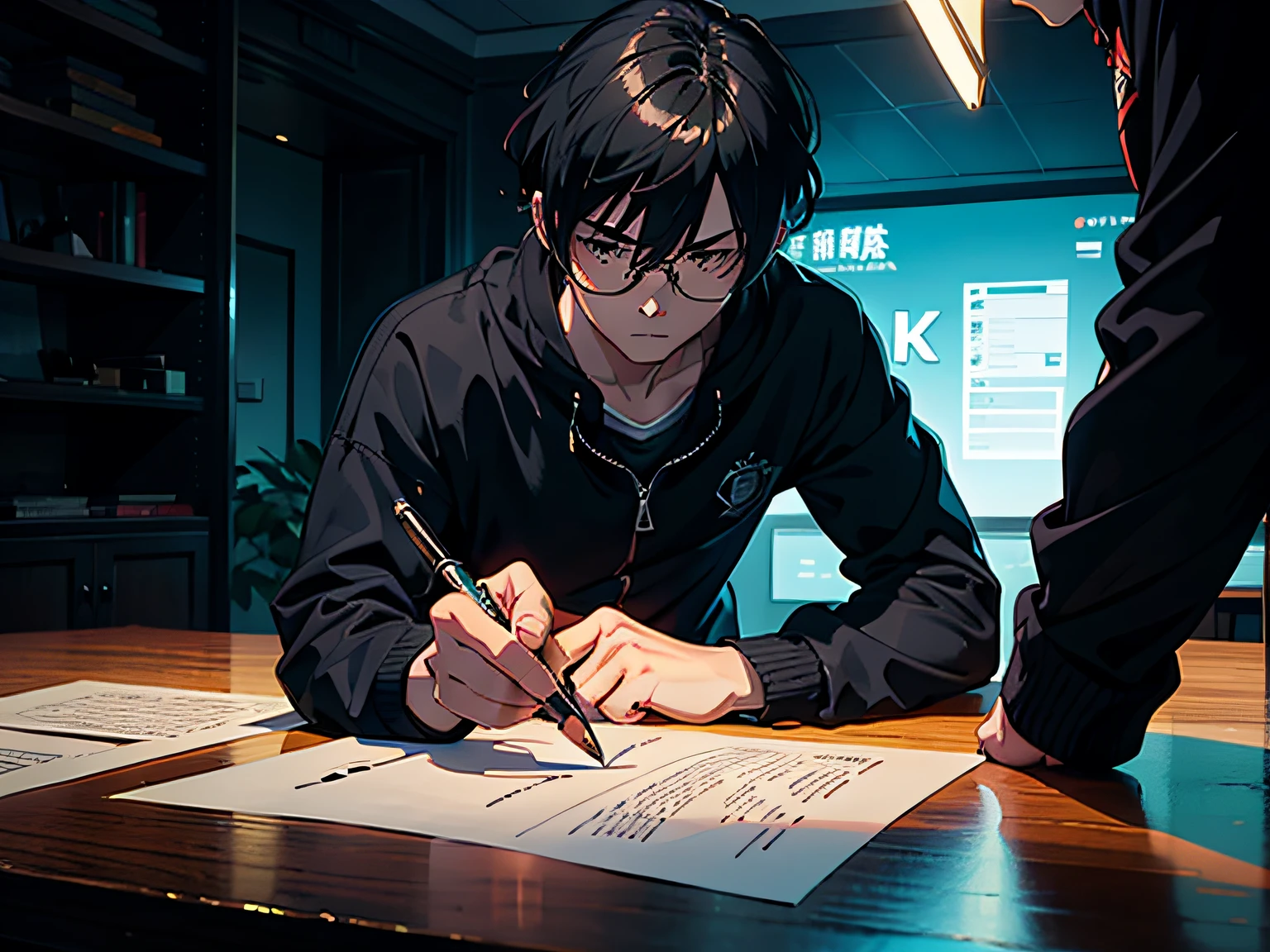A boy at the of 20 signed the agreement angrily and solemnly,Figure anime style,Dark 4K, hyper HD, Masterpiece