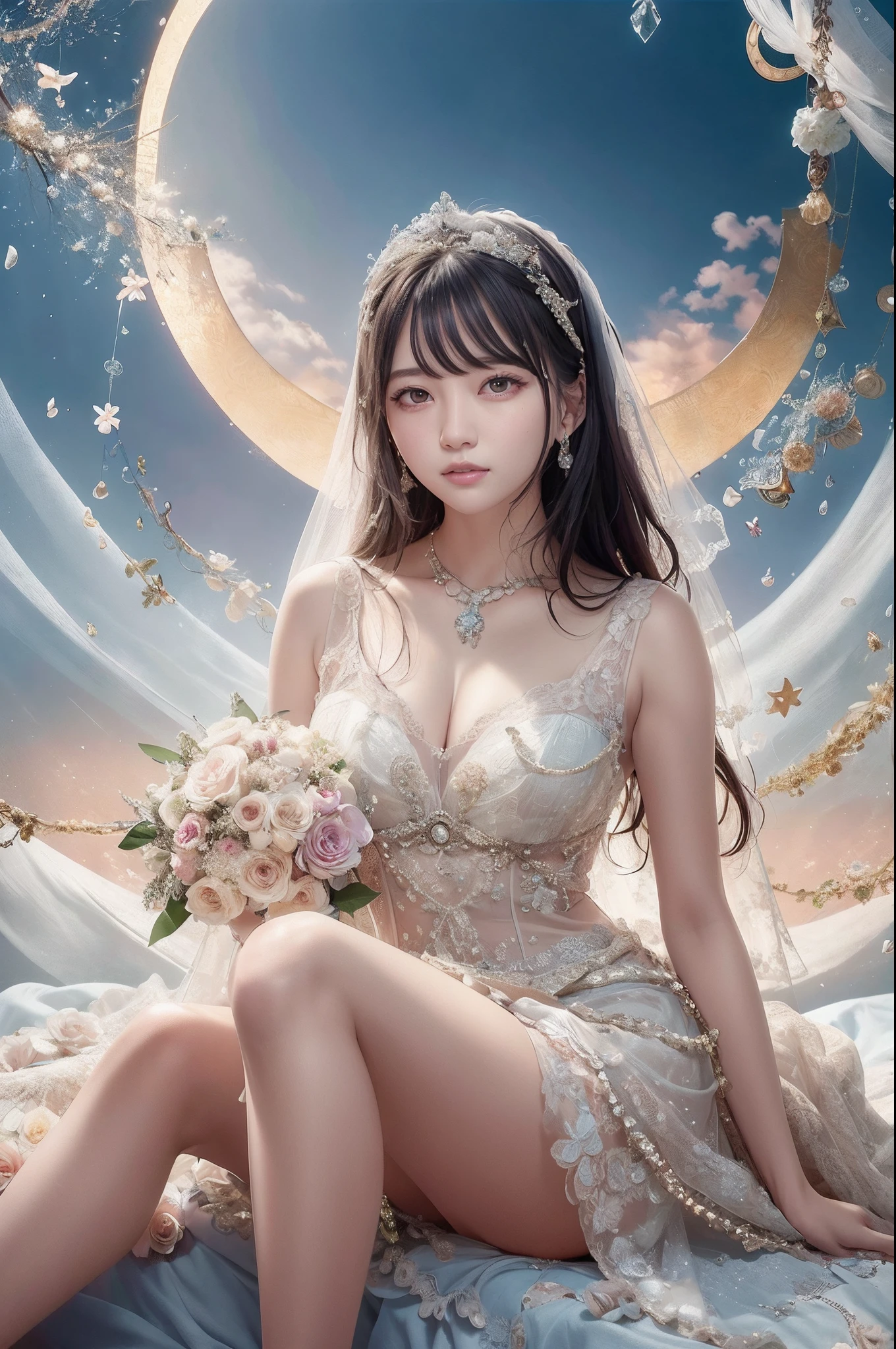 A woman in a wedding dress sits on the bed with a bouquet of flowers, lalisa manobal, Album art, Official artwork, very magical and dreamy, ethereal fairytale, Ethereal beauty, Japanese goddess, Ethereal fantasy, celestial goddess, lalisa manoban of blackpink, sakimichan, jaeyeon nam, ulzzangs, Ethereal and dreamy