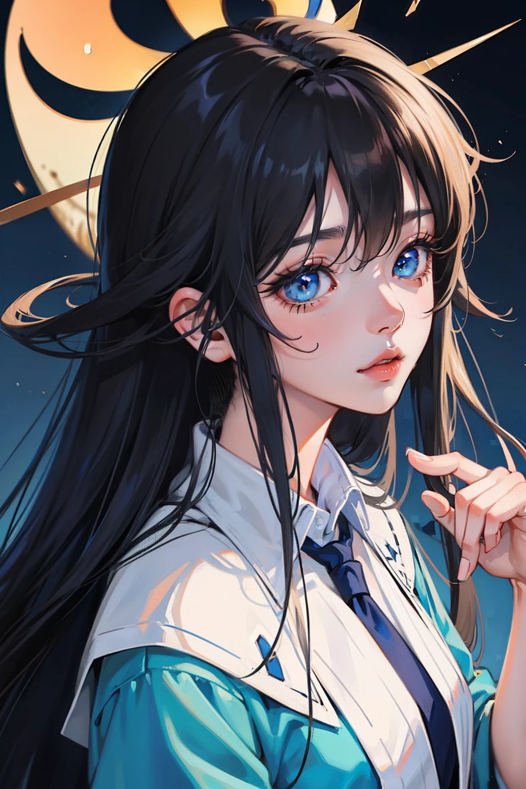 Anime shoujo,Long black hair, A blue gradient behind the hair,brunette color hair,blue color eyes,,a beautiful anime portrait, style of anime4 K, Stunning anime face portrait, Detailed digital anime art, Anime art wallpaper 8 K, Beautiful anime face, Anime style. 8K, anime visual of a cute girl, Anime art wallpaper 4k, Anime art wallpaper 4 K, blue shining eyes,komono
