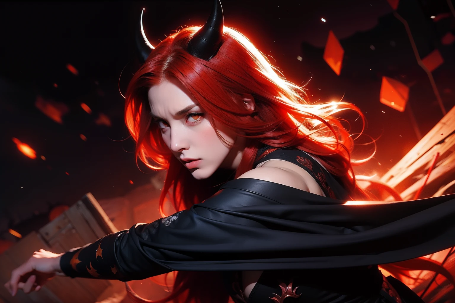 demon girl, with red hair and orange eyes riding a bloody black dragon, quality, Ultra Quality