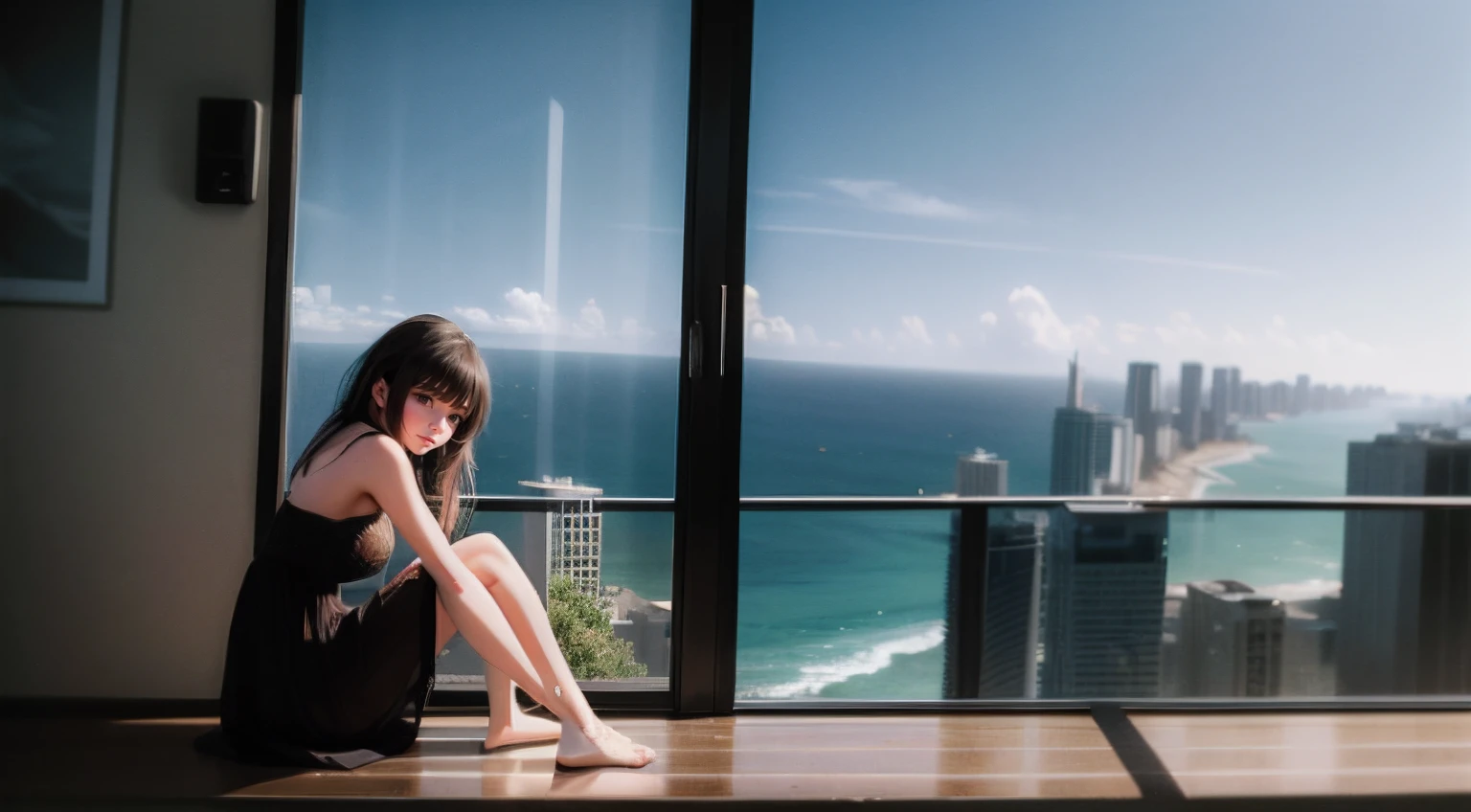 abstract colors, texture, film grain, skin pores, dusty atmospheric haze, vignetting, wrinkles:0.2 intricate hasselblad dslr RAW full-body dramatic portrait photo of a beautiful girl with long (windblown)1.2 hair wearing a sundress, sitting on a ledge overlooking a (scifi solarpunk)1.2 city skyline, dangling legs, foggy morning, (backlit)1.2, (film grain)1.2, coastal atolls