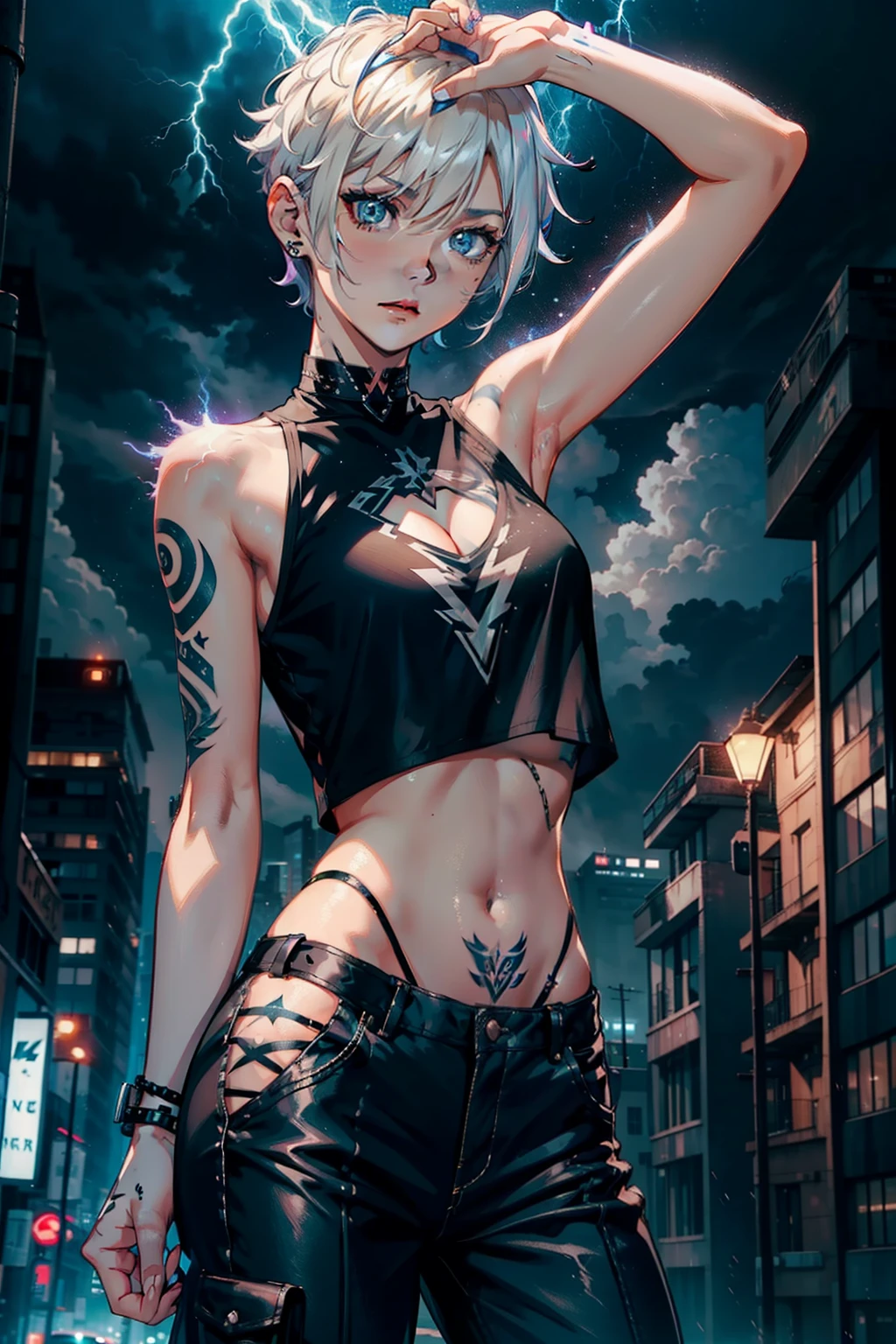 Young girl, using thunder magic in hands, magic aura, short hair, blonde hair,Short Women Hairstyle With Shaved Sides , blue eyes, Arm tattooed with thunder, black thunder tattoos, white tank shirt shirt, black letter pants, in a city, in a storm, Night, thunder in the sky, 4k