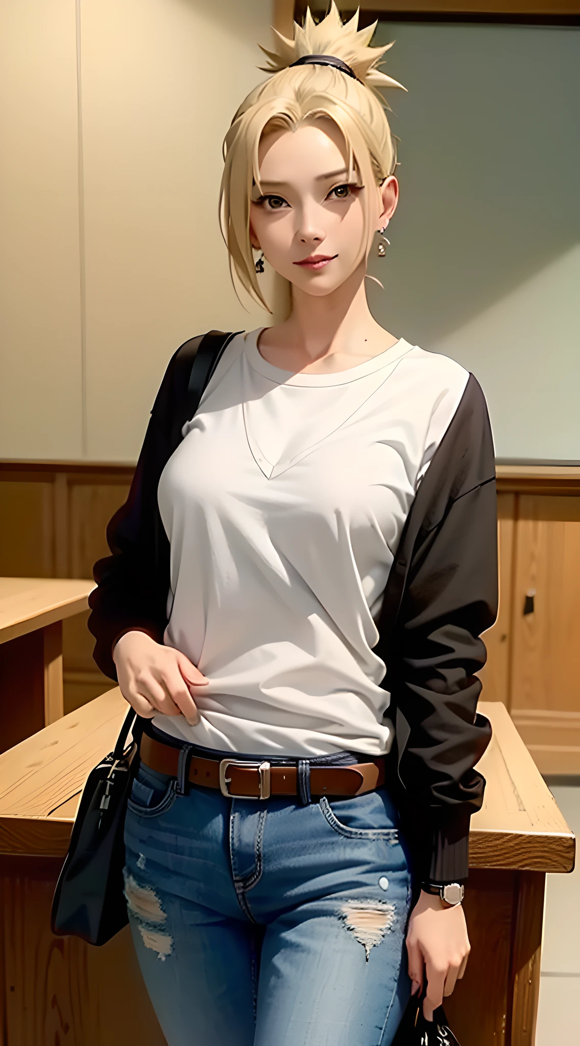 temari from anime naruto, short hair, blonde hair, hair in a ponytail, beautiful, beautiful woman, perfect body, perfect breasts, wears a white shirt, brown cardigan, long jeans, tote bag, wears a watch, wears earrings, in class, on campus, university, blackboard, looking at viewer, little smile, realism, masterpiece, textured skin, super detailed, high detail, high quality, best quality, 1080p, 16k