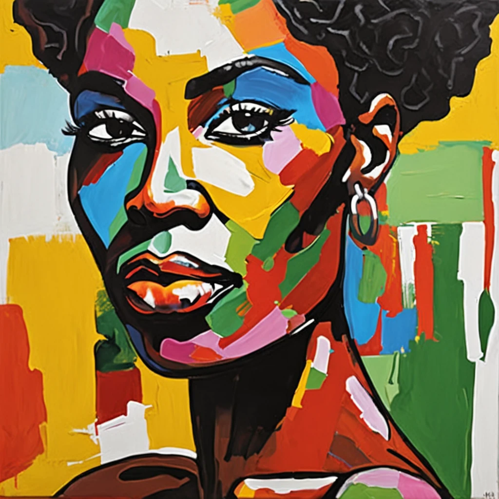 Black Women's Face Painting, AfrO - Brazilian ethnicity, On a colorful background, Abstract face, abstract portrait, Stylized face, Pop Art Painting, Expressive detail face, expressive feminine face, Inspired by Picasso, Pop Art Painting, Beautiful expressive paintings, Detailed face of Afro-Brazilian caste woman, Detailed expression, Picasso style, Cubist style