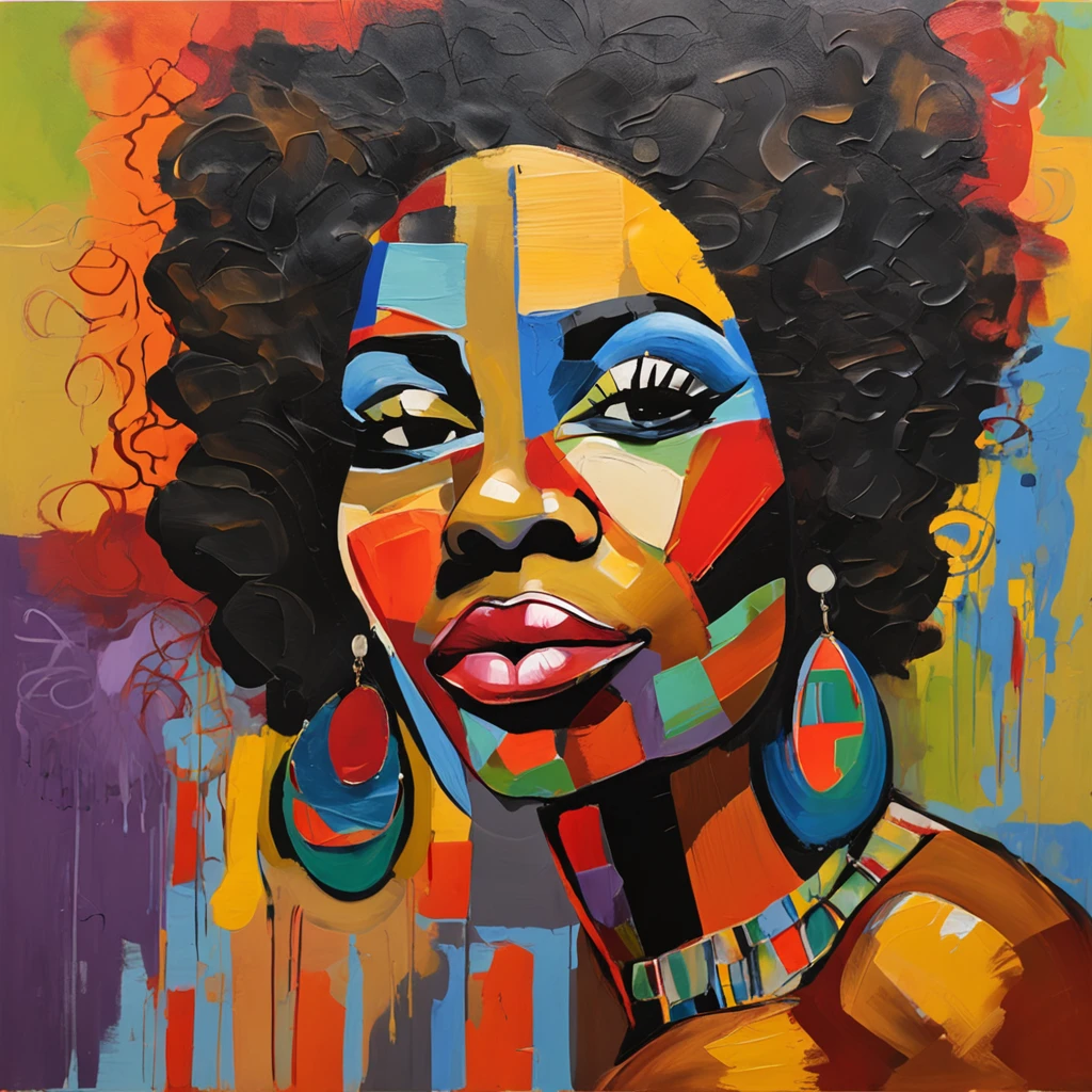Black Women's Face Painting, AfrO - Brazilian ethnicity, On a colorful background, Abstract face, abstract portrait, Stylized face, Pop Art Painting, Expressive detail face, expressive feminine face, Inspired by Picasso, Pop Art Painting, Beautiful expressive paintings, Detailed face of Afro-Brazilian caste woman, Detailed expression, Picasso style, Cubist style