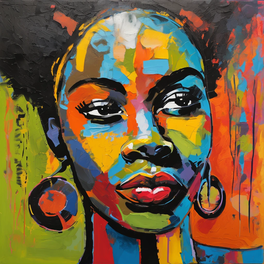 Black Women's Face Painting, AfrO - Brazilian ethnicity, On a colorful background, Abstract face, abstract portrait, Stylized face, Pop Art Painting, Expressive detail face, expressive feminine face, Inspired by Picasso, Pop Art Painting, Beautiful expressive paintings, Detailed face of Afro-Brazilian caste woman, Detailed expression, Picasso style, Cubist style