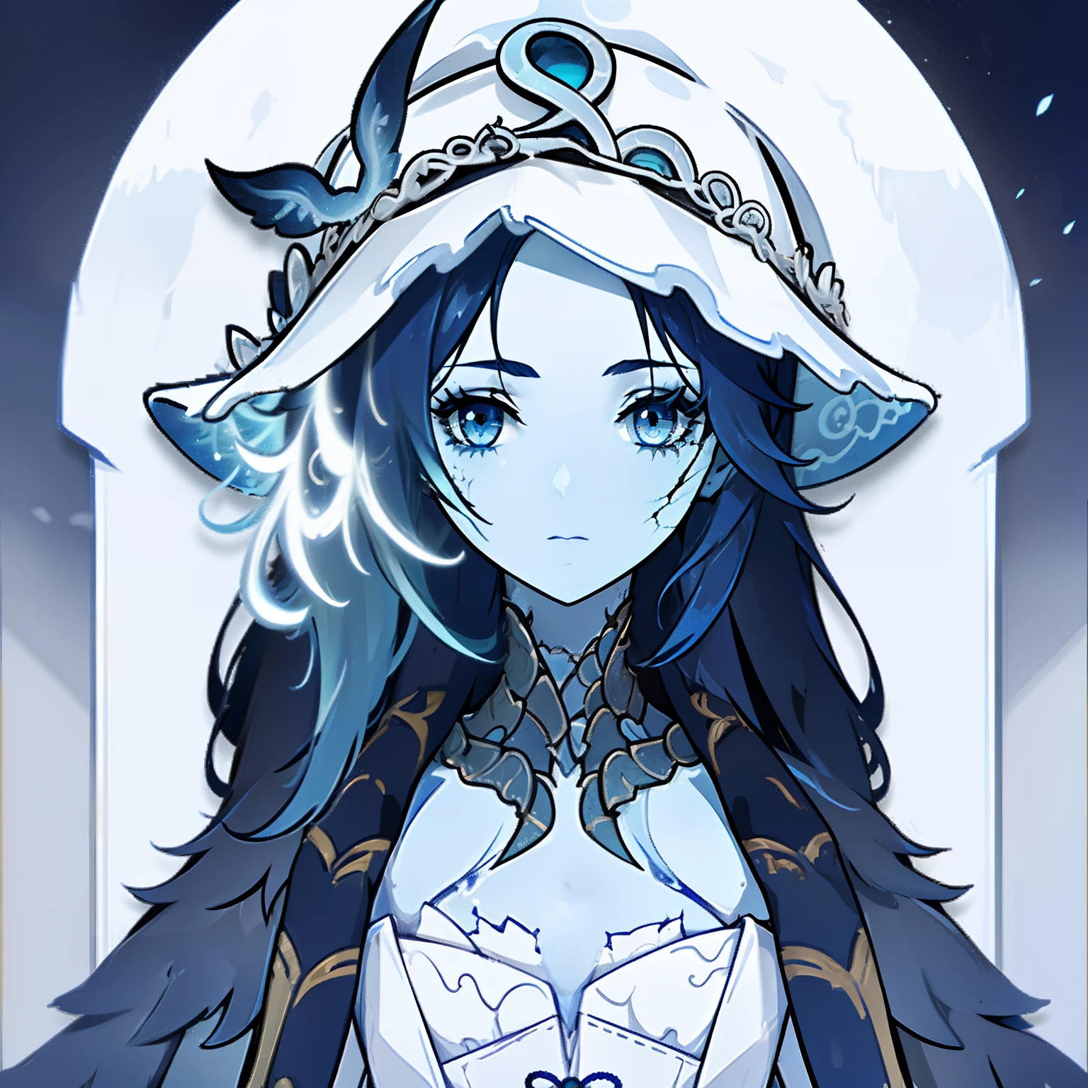 Ranni, 1girl, wavy hair, blue skin, cracked skin, ((extra arms)), extra faces, doll, joints, doll joints, white dress, hat, cloak, extra arms, blue hair, wavy hair, blue eyes, perfect anatomy, solo