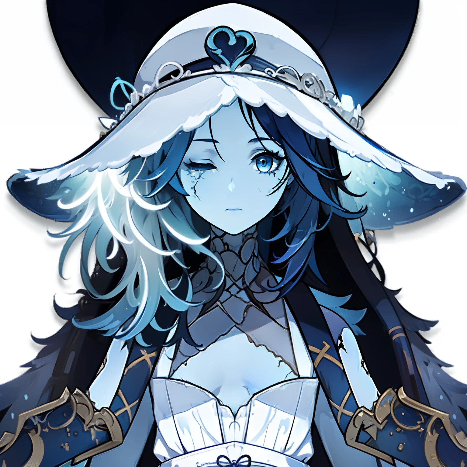 Ranni, 1girl, wavy hair, blue skin, cracked skin, ((extra arms)), extra faces, doll, joints, doll joints, white dress, hat, cloak, extra arms, blue hair, wavy hair, blue eyes, perfect anatomy, solo