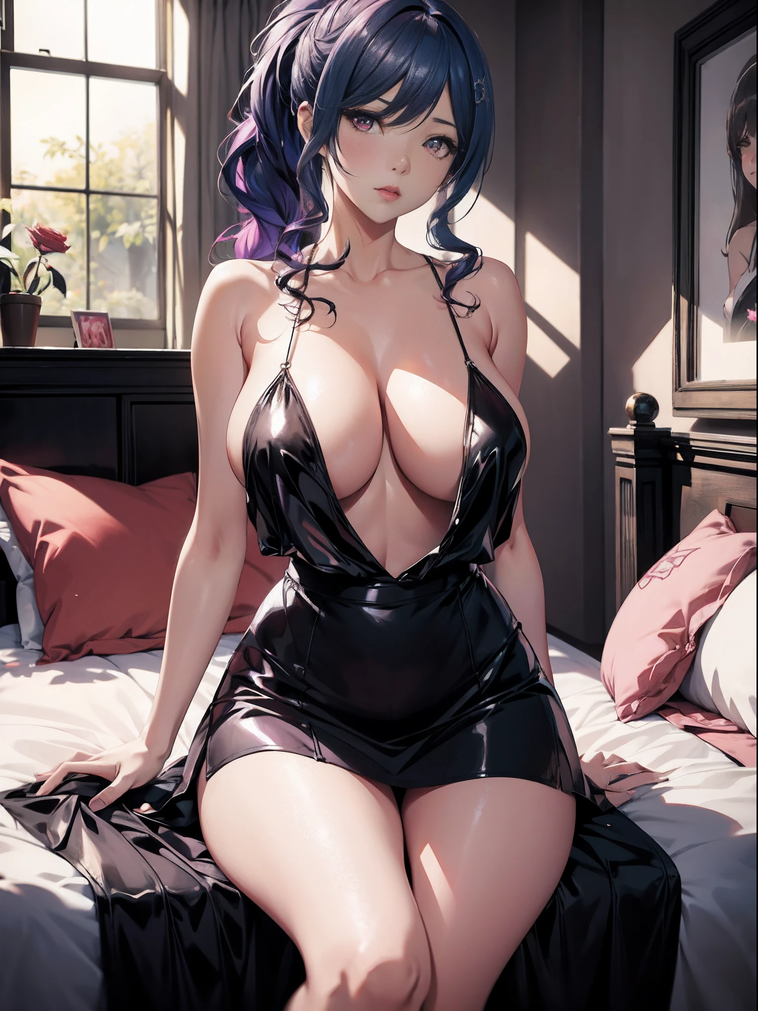 Anime - Stylish woman sitting on a rose bed in lingerie, seductive anime girls, Guweiz in Pixiv ArtStation, Guweiz on ArtStation Pixiv, Extremely detailed Artgerm, Guviz, beautiful and seductive anime woman, 8K high quality detailed art, trending on artstation pixiv, Guviz-style artwork,huge tit，Blush，Wearing a short black silk skirt，