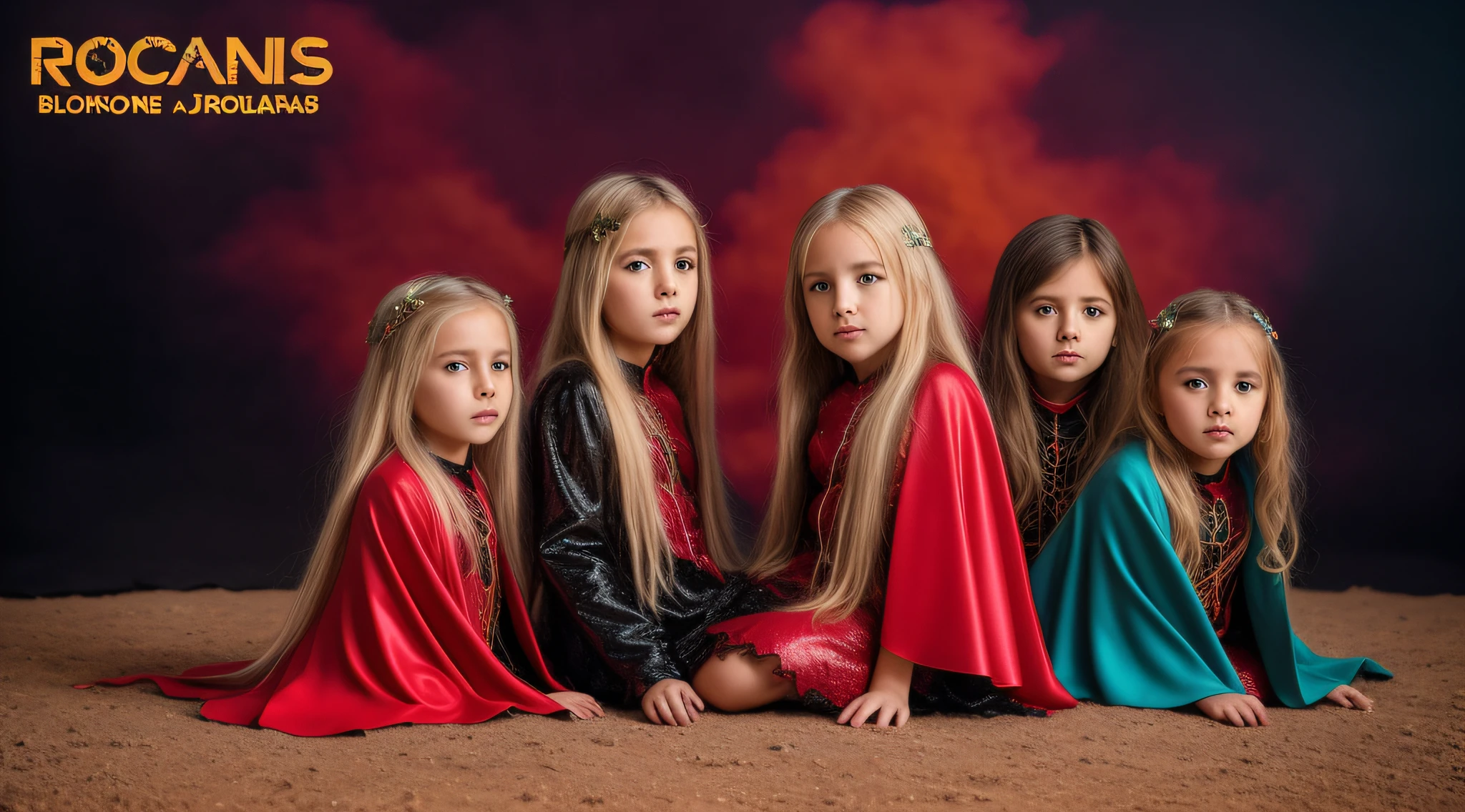 KIDS GIRLS, BLONDE LONG HAIR com um capuz vermelho em um fundo vermelho, um close up, Erosions, scorpions, Caparisons, Album art, prop rocks, album cape, chifres vermelhos, new album cover, Arte Oficial, Arte Promocional, Arcontes, rochas afiadas, rochas alaranjadas, Explosions, rochas), alternate album cover, Variations, progressive rock album cover, album cape!