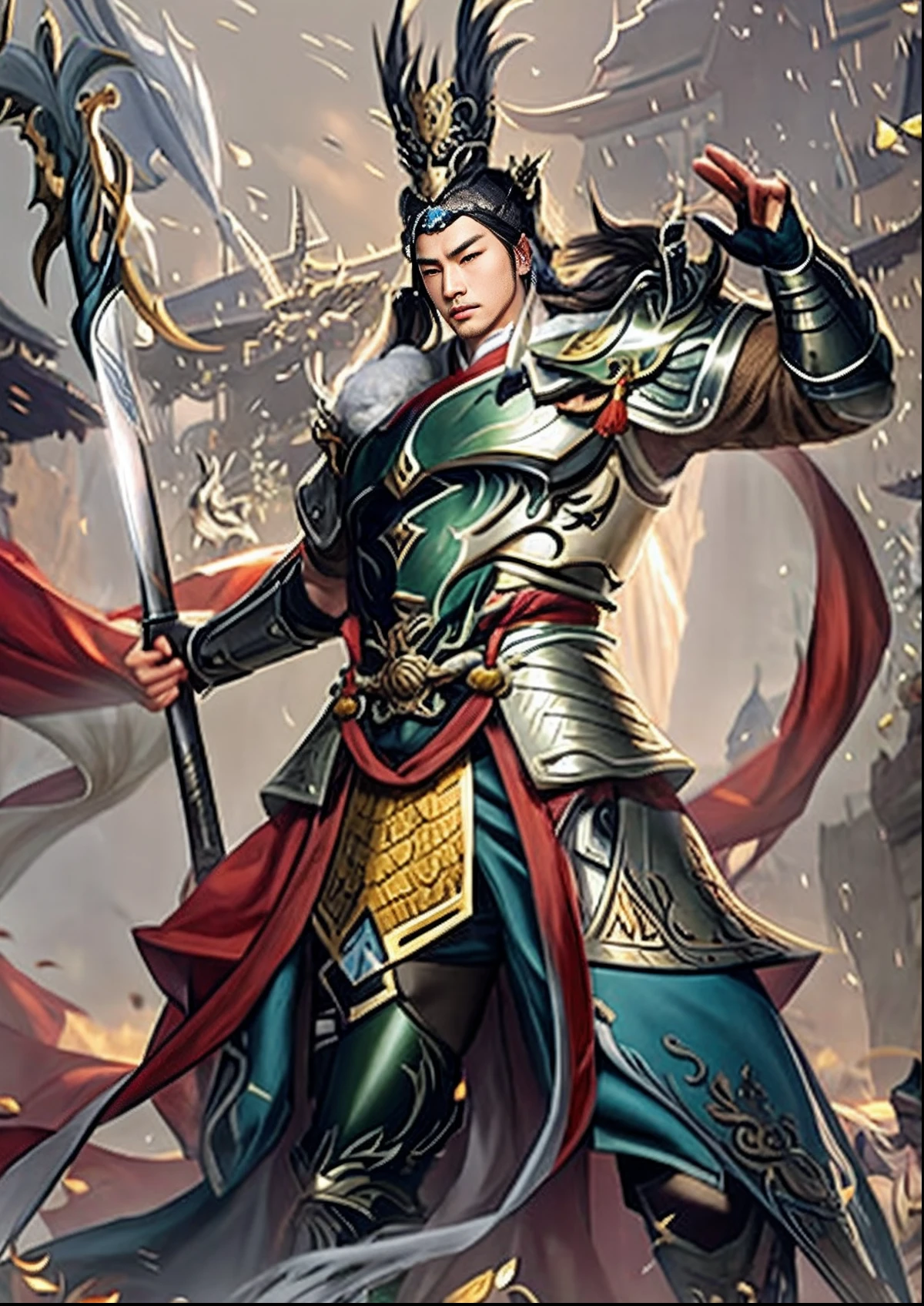 arafed image of a man in armor with a sword, by Yang J, heise jinyao, Inspired by Huang Shen, inspired by Li Kan, bian lian, xianxia hero, Liang Xing, drak, Inspired by Li Tang, Guan yu, inspired by Li Gonglin, inspired by Zhang Sengyao, inspired by Li Rongjin,Inspired by Lv Bu