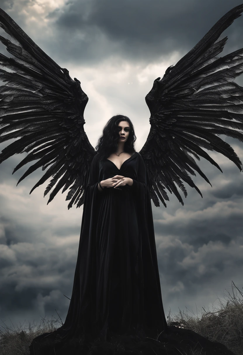 devine goth holy goddess black female angel with huge wings wearing MOODY, DEPRESSED, AND DISHEVELED melancholy. black veil