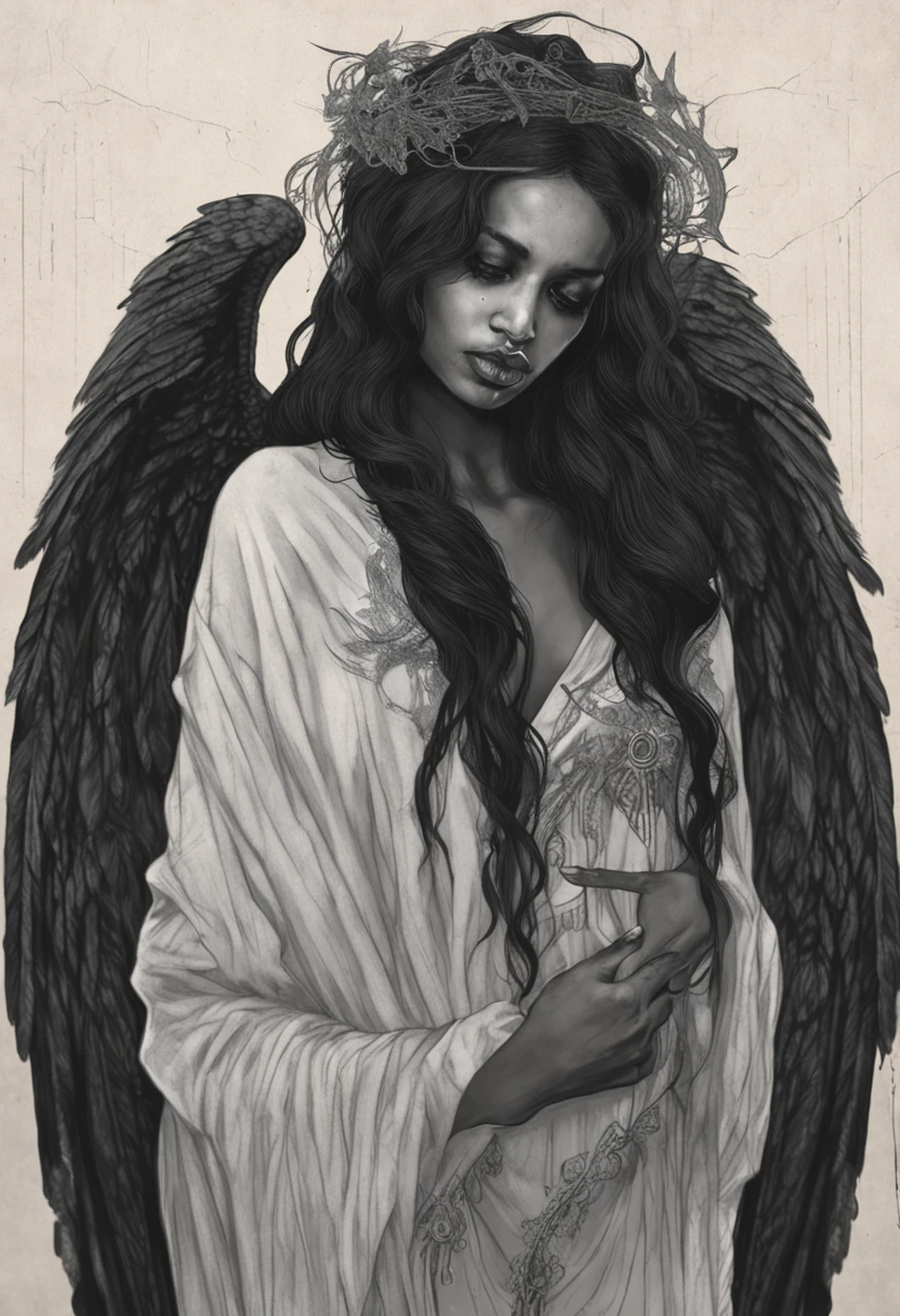 devine goth holy goddess black female angel with huge wings wearing MOODY, DEPRESSED, AND DISHEVELED melancholy. black veil
