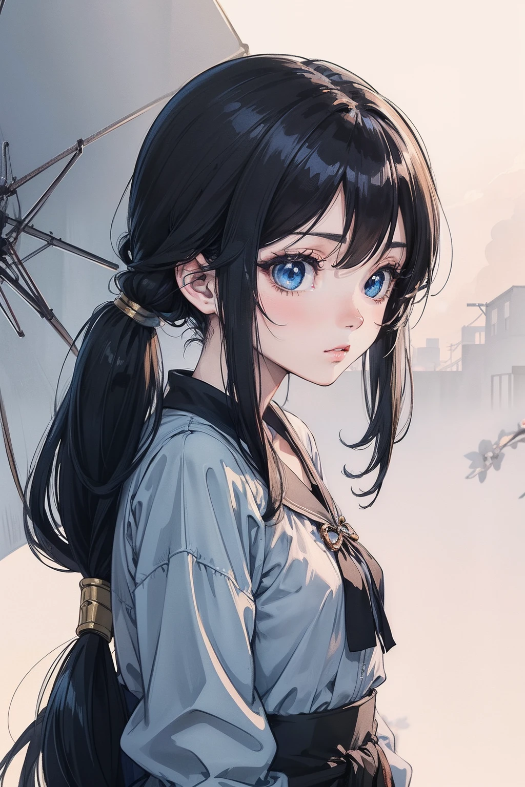 Anime shoujo，Long black hair, A blue gradient behind the hair，brunette color hair，Medium-long hair with hair to the waist，There is a thin pigtail under the right ear，blue color eyes,，a beautiful anime portrait, style of anime4 K, Stunning anime face portrait, Detailed digital anime art, Anime art wallpaper 8 K, Beautiful anime face, Anime style. 8K, anime visual of a cute girl, Anime art wallpaper 4k, Anime art wallpaper 4 K, blue shining eyes，komono