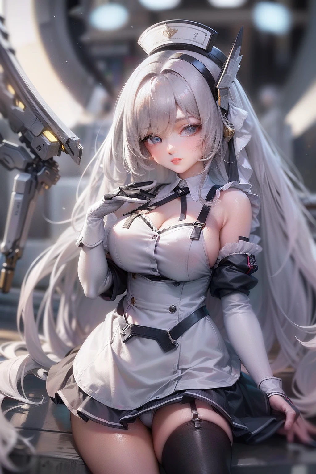 (RAW photo, Best quality, Masterpiece:1.2)、 (Realistic, photo-realistic:1.4)、(Masterpiece:1.4)、(Best quality:1.4,、Rendu portrait 8k、(Fidelity、Fidelity:1.4)、Look up、simplebackground、Flying wing zero、full bodyesbian、sci-fy、mechs、Up、machine girl、The girl wears a maid outfit、Exposed flesh、huge tit、Exposed chest、showing white panties、short skirt、looks into camera、Cute、Full body appearance、black lence stockings、Suspenders、Suspenders、beautifullegs、delicate finger、With a slight smile、Crossed waist with one hand、Mecha Maiden、Duck sitting position、Lady sitting