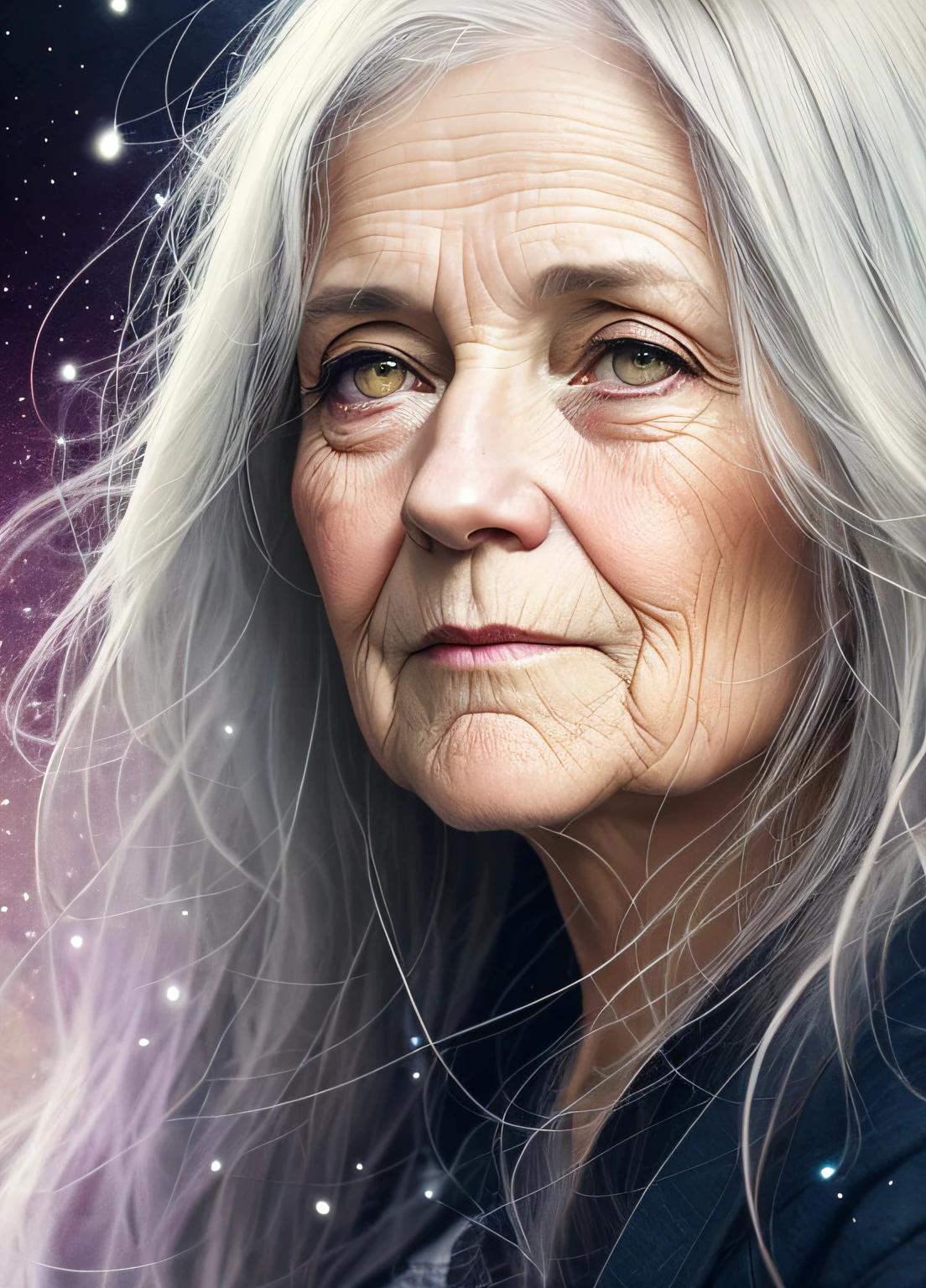 Inspiration for Agnes Cecile，Old woman with gray hair，whaite hair，wrinkles，Luminous design，pastelcolor，Ink drops，Autumn lights