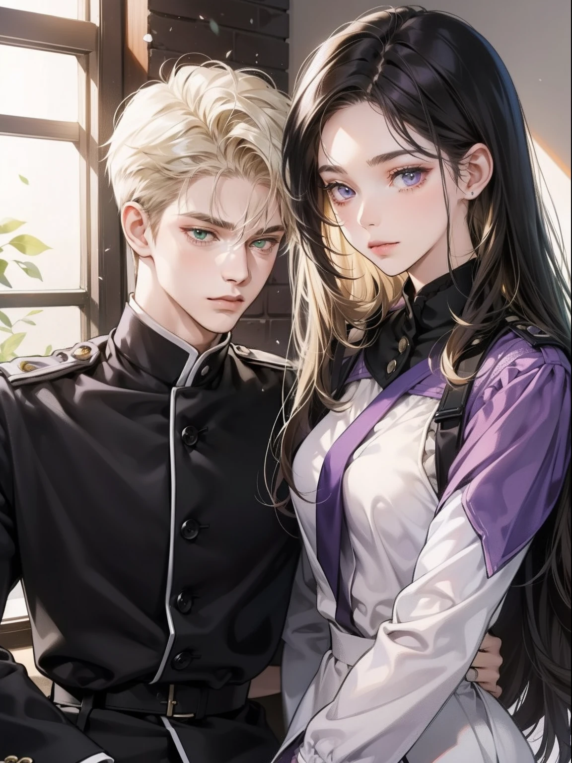 Couple, 1 girl 1 boy, different hair color, long black hair and purple eyes, short blonde hair and green eyes, romance, light suite,18 year old, students, uniform.