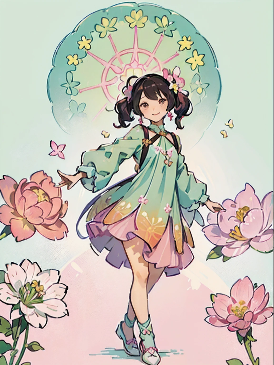 #Quality (intricate-detail、ultra-detailliert:1.2,cinematic shot),
#one girl (a 14 year old girl、whole body、a smile、jolly、A dark-haired、straight haired、very long pigtails hair、Good impression、Dancing Girl、Gorgeous pastel pink dress、snow-white shoes、kne)
#background (Bold and abstract design、Lively and gorgeous background surrounded by flowers、Pastel green fractal art、pastel pink、Natural color design、Alphonse Mucha influenced by Katsushika Hokusai)