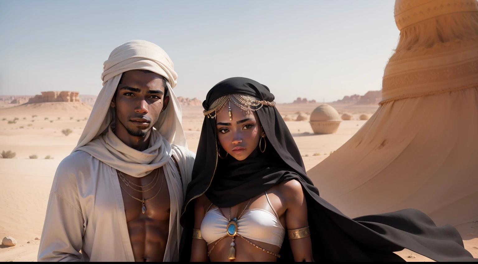 (((absurdists))), (((best quality))), (((masterpiece))), muscular 35-year-old African couple, Zulu warrior, man and woman, war paintings by body, perfect and proportionate body, black-skinned savanna warrior wearing very few clothes and many necklaces and adornments by the body, ((sailing on a makeshift boat made from a rust iron junk)), she is sweaty and her black skin glows under the scorching African sea