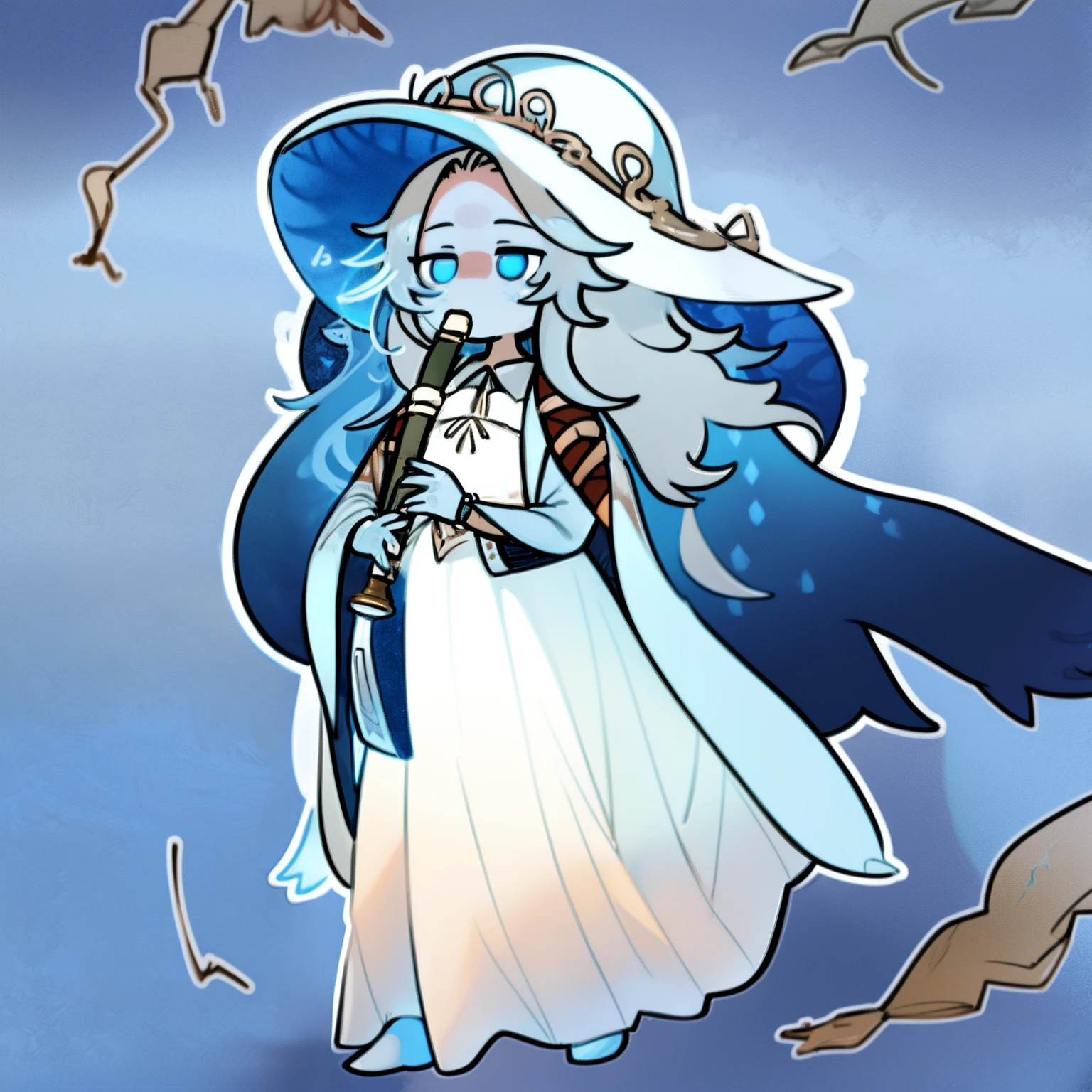 Ranni, 1girl, wavy hair, blue skin, cracked skin, ((extra arms)), extra faces, doll, joints, doll joints, white dress, hat, cloak, extra arms, blue hair, wavy hair, blue eyes, perfect anatomy, solo, kyoufuu all back, 1girl, simple background, holding, standing, full body, instrument, playing instrument, holding instrument, recorder