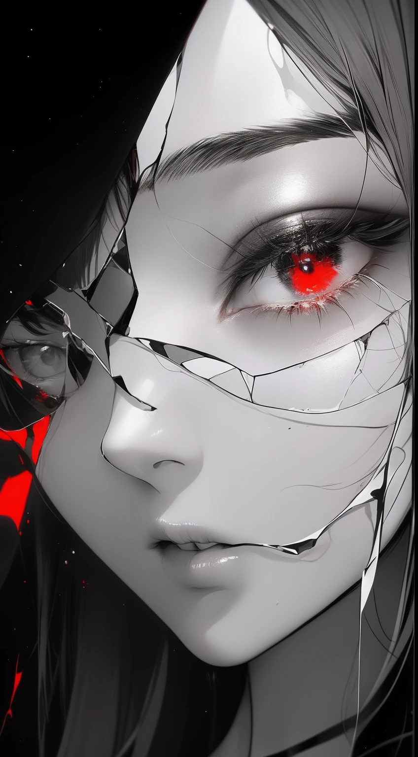 black andwhite,Absolutely beautiful woman,Bust,Broken mirror,Black and white splitting,Red tears,Black and white painting,Broken,sublevel,Black and white,Eroded by darkness and light,对称