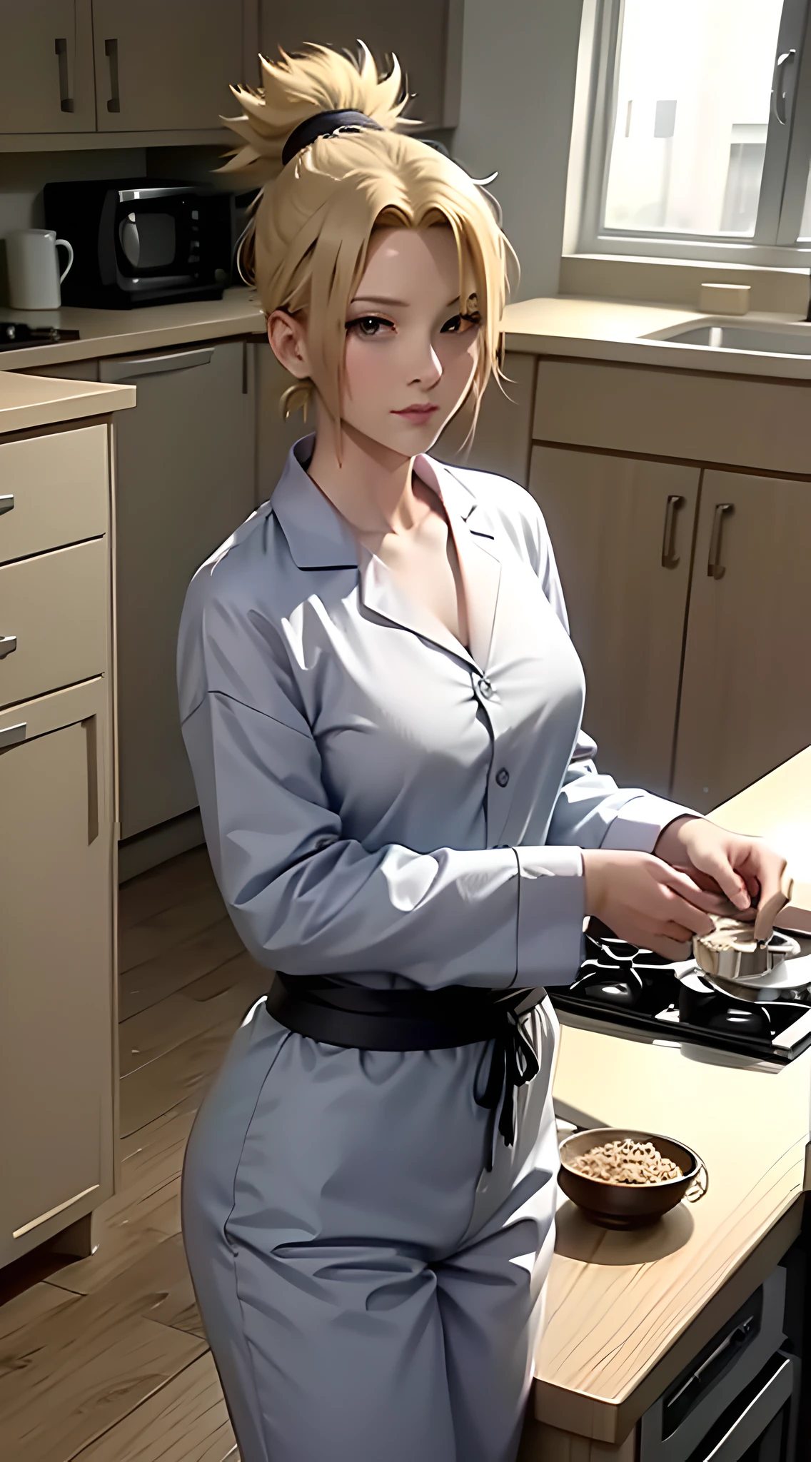 temari from anime naruto, short hair, blonde hair, tied hair, beautiful, beautiful woman, perfect body, perfect breasts, wearing grey pajamas, pajamas, sleepwear, in the kitchen, clear kitchen, looking at the viewer, a slight smile, realism, masterpiece, textured leather, super detail, high detail, high quality, best quality, 1080p, 16k