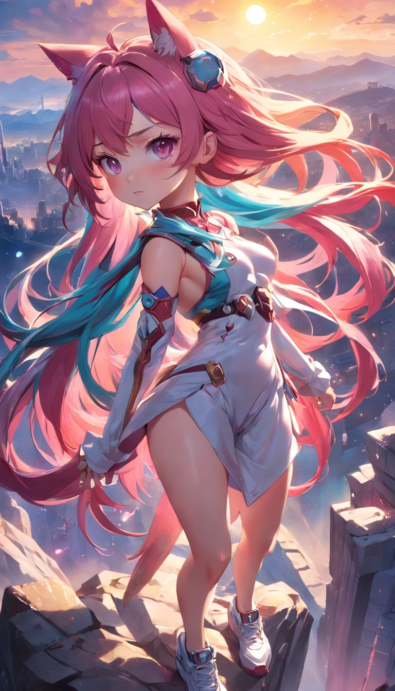 (Dynamic Angle:1.4), ((Pose all over the body:1.5), (Colorful:1.2), (Extremely detailed CG Unity 16k wallpaper:1.1), (Noise Removal Strength: 1.45), (tmasterpiece:1.37), ((offcial art)), Top quality, Sunset, sky, hilltop, steams, gaming console_CG, Science_fiction, Monster, Double_Bun, Shiny hair, multicolored hair, Pupil of the slit, miko, tchibi, Pointy ears, White eyebrows, tsurime, Chiaroscuro, Cinematic lighting, color difference, Sparkle, Ray tracing, blend, Ultra-wide angle, f/1.8, hasselblatt, Sony FE GM, (Masterpiece), (Masterpiece), Masterpiece, Best quality, hyper HD