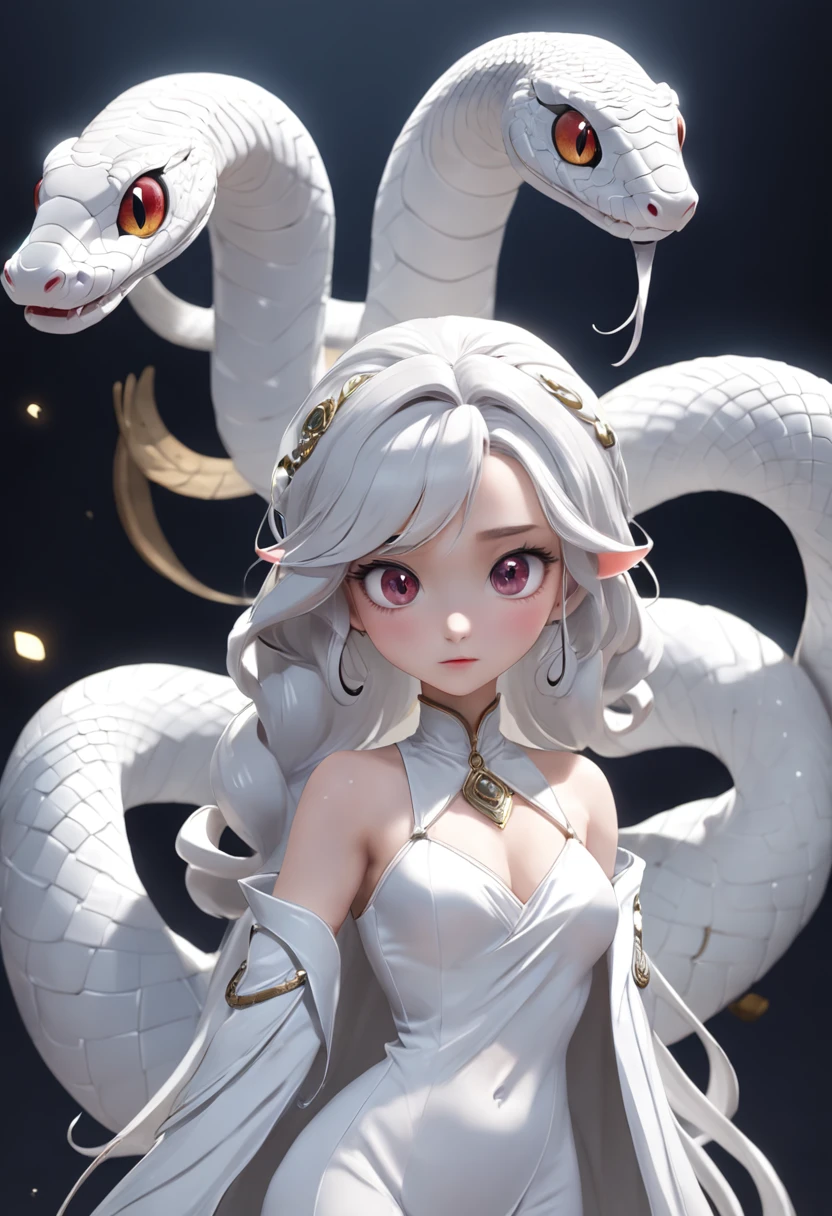 Pixar style super cute anthropomorphic white snake, Dai Han costume and crystal crown, Standing, Attractive big eyes, a cute tail, Standing, surreal, super fine, luxurious, Elegant standing, Attractive big eyes, a cute tail, Standing, surreal, A highly detailed, luxurious, graceful, Complex, splendid, Illusion Engine, Octane rendering, 8K, Frey Surrealism,Blind Box Figures
