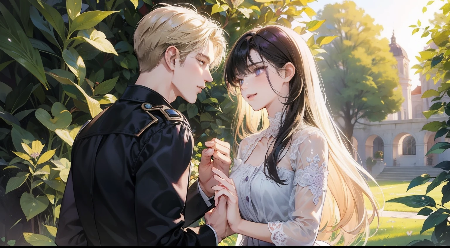 Happy couple, 1 girl 1 boy, different hair color, long black hair and purple eyes, short blonde hair and green eyes, outdoor, sun, face to face, romantic, hold hands