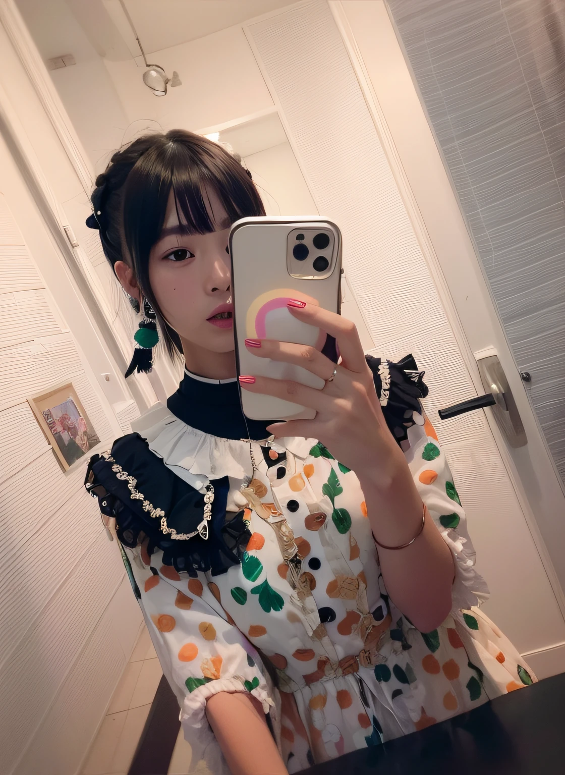 there is a woman that is taking a selfie in a mirror, ulzzangs, shell collar!!l, frilled blooming collar, xintong chen, chiho, shikamimi, white hime cut hairstyle, peach and goma style, 🤬 🤮 💕 🎀, shaxi, 2263539546], 2 0 2 0 fashion