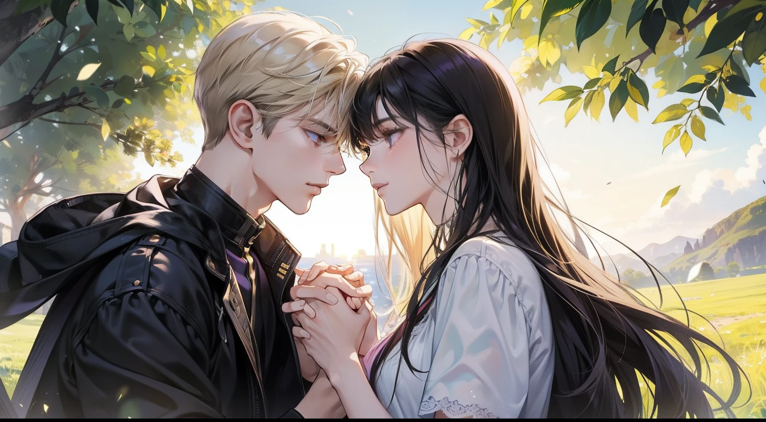 Happy couple, 1 girl 1 boy, different hair color, long black hair and purple eyes, short blonde hair and green eyes, outdoor, sun, face to face, romantic, hold hands
