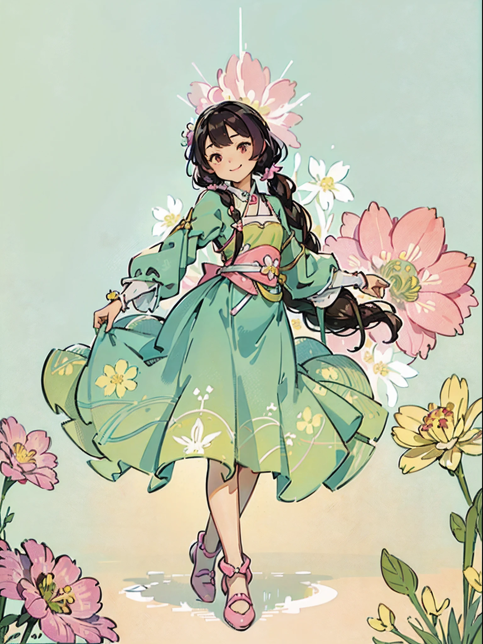 #Quality (intricate-detail、ultra-detailliert:1.2,cinematic shot),
#one girl (a 14 year old girl、whole body、a smile、jolly、A dark-haired、straight haired、very long pigtails hair、Good impression、Dancing Girl、Pastel pink princess dresses、snow-white shoes、kne),
#background (Bold and abstract design、Lively and gorgeous background surrounded by flowers、Pastel green fractal art、pastel pink、Natural color design、Alphonse Mucha influenced by Katsushika Hokusai)