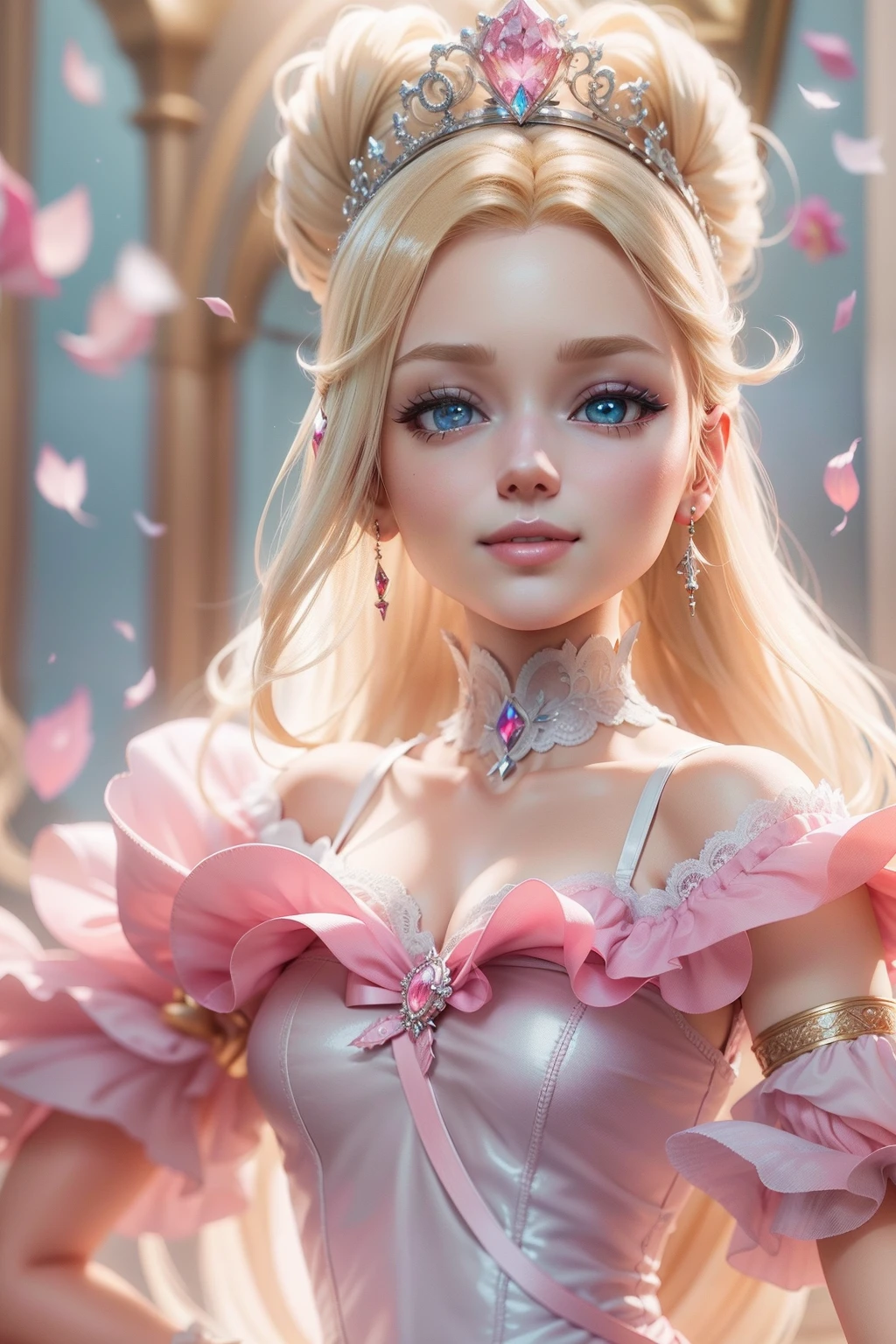 There is a doll in a prom dress, anime barbie in white,Pink rose space, Anime princess, princess portrait, blond-haired princess, kindly smile, Kushatt Krenz Key Art Women, 3 d render stylized, 3 D rendering character art 8 K, Cute detailed digital art, anime styled 3d,Masterpiece, Super detailed, Epic composition, Highest quality,