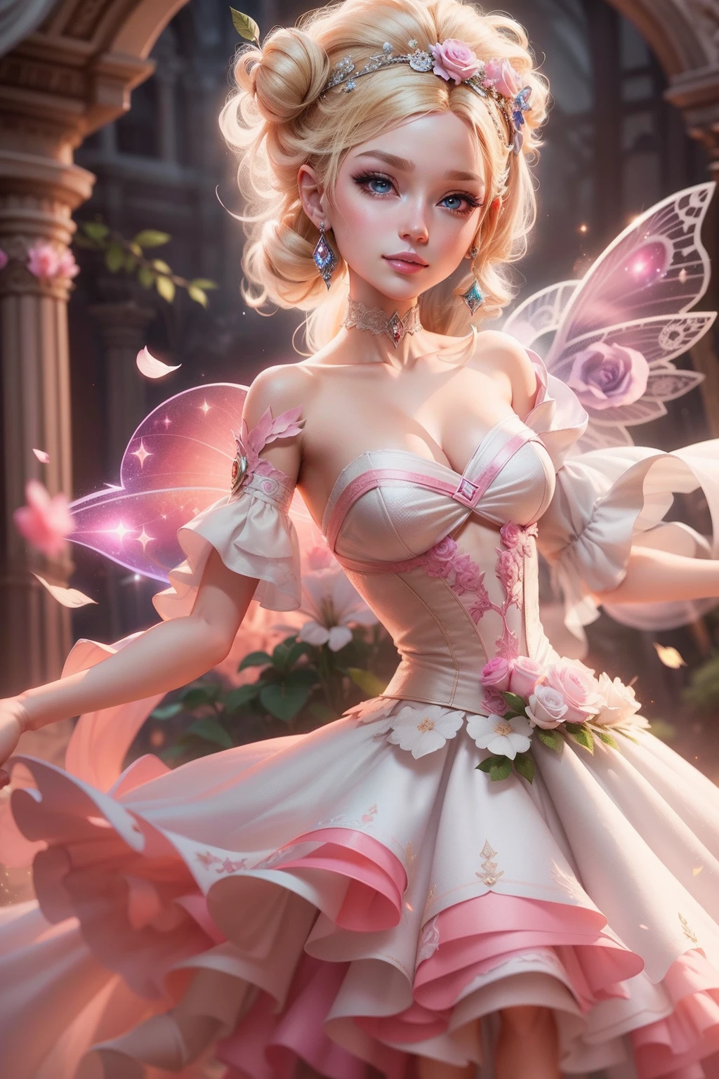 There is a doll in a prom dress, anime barbie in white,Pink rose space, Anime princess, princess portrait, blond-haired princess, kindly smile, Kushatt Krenz Key Art Women, 3 d render stylized, 3 D rendering character art 8 K, Cute detailed digital art, anime styled 3d,Masterpiece, Super detailed, Epic composition, Highest quality,Epic romantic fantasy digital art,Epic fairy tale fantasy digital art,Mythological fantasy,
