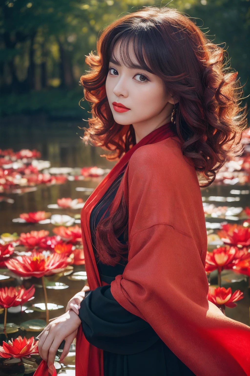 32K（tmasterpiece，k hd，hyper HD，32K）Large flowing curls，Flowing rouge，ponds，zydink， a color，  Asian people （Silly girl）， （Silk scarf）， Combat posture， looking at the ground， Large rolls of rouge， Flowing rouge curls， Crocodile skin skull headdress， Green Chinese long-sleeved clothing， （abstract ink splash：1.2）， Pink lotus background，Water lily flower protector（realisticlying：1.4），Rouge hair，Autumn is in full swing，The background is pure， A high resolution， the detail， RAW photogr， Sharp Re， Nikon D850 Film Stock Photo by Jefferies Lee 4 Kodak Portra 400 Camera F1.6 shots, Rich colors, ultra-realistic vivid textures, Dramatic lighting, Unreal Engine Art Station Trend, cinestir 800，Large curls，Flowing rouge