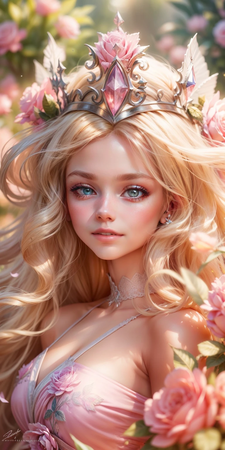Barbie in a cute pink dress,delicated face,Blonde hair fluttered in the wind、Princess dress,The princess has a beautiful crown、kindly smile、Beautiful garden background、Gentle and transparent,Delicate pattern,Pink rose space, Soft lighting, ( Bokeh),Masterpiece, Super detailed, Epic composition, Highest quality, 8K,Epic romantic fantasy digital art,Epic fairy tale fantasy digital art,Mythological fantasy,UHD resolution,Detailed detail drawing,realisticlying,Very realistic,cinmatic lighting,an award winning photograph,rich colours,hyper realistic lifelike texture,dramatic lighting