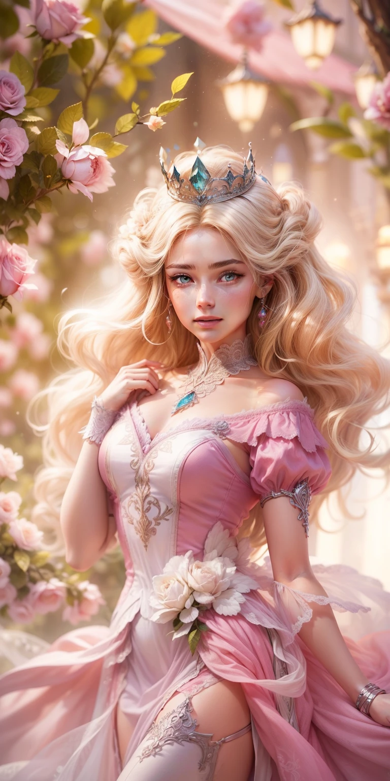 Barbie in a cute pink dress,delicated face，Blonde hair fluttered in the wind､Princess dress，The princess has a beautiful crown､kindly smile､Beautiful garden background､Gentle and transparent，Delicate pattern，Pink rose space, Soft lighting, ( Bokeh)，Masterpiece, Super detailed, Epic composition, Highest quality, 8K，Epic romantic fantasy digital art，Epic fairy tale fantasy digital art，Mythological fantasy，UHD resolution，Detailed detail drawing，realisticlying，Very realistic，cinmatic lighting,an award winning photograph,rich colours，hyper realistic lifelike texture，dramatic  lighting