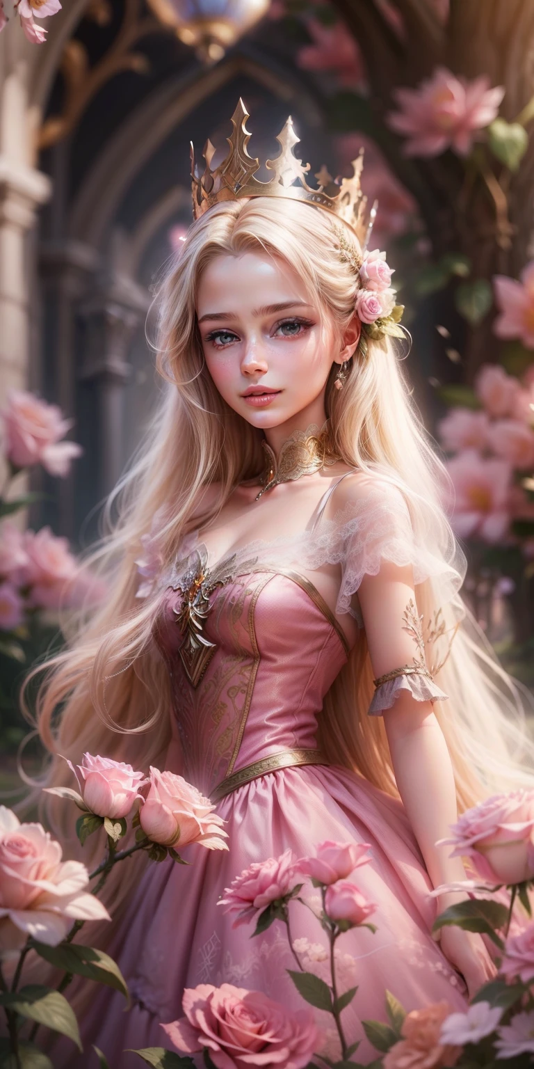 Barbie in a cute pink dress,delicated face,Blonde hair fluttered in the wind、Princess dress,The princess has a beautiful crown、kindly smile、Beautiful garden background、Gentle and transparent,Delicate pattern,Pink rose space, Soft lighting, ( Bokeh),Masterpiece, Super detailed, Epic composition, Highest quality, 8K,Epic romantic fantasy digital art,Epic fairy tale fantasy digital art,Mythological fantasy,UHD resolution,Detailed detail drawing,realisticlying,Very realistic,cinmatic lighting,an award winning photograph,rich colours,hyper realistic lifelike texture,dramatic lighting